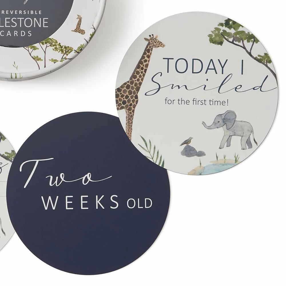 Snuggle Hunny Reversible Milestone Baby Photo Cards - Safari & Navy Design for Newborn, 1st Birthday & Monthly Growth Tracking | Perfect for Baby Shower Gifts & Nursery Decor
