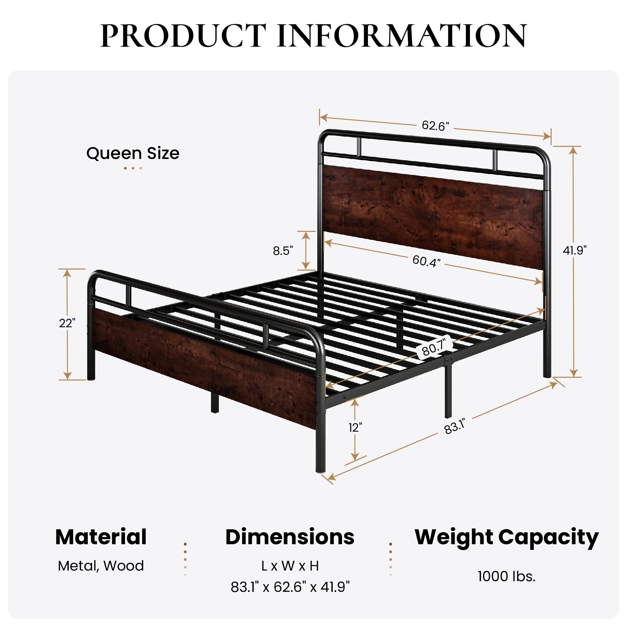 SHA CERLIN Queen Size Bed Frame with Wooden Headboard & Footboard - Sturdy Metal Frame with Rounded Corners, Heavy Duty Slats & Under-Bed Storage - No Box Spring Required - Mahogany Finish - Perfect for Master Bedrooms, Guest Rooms & Small Spaces