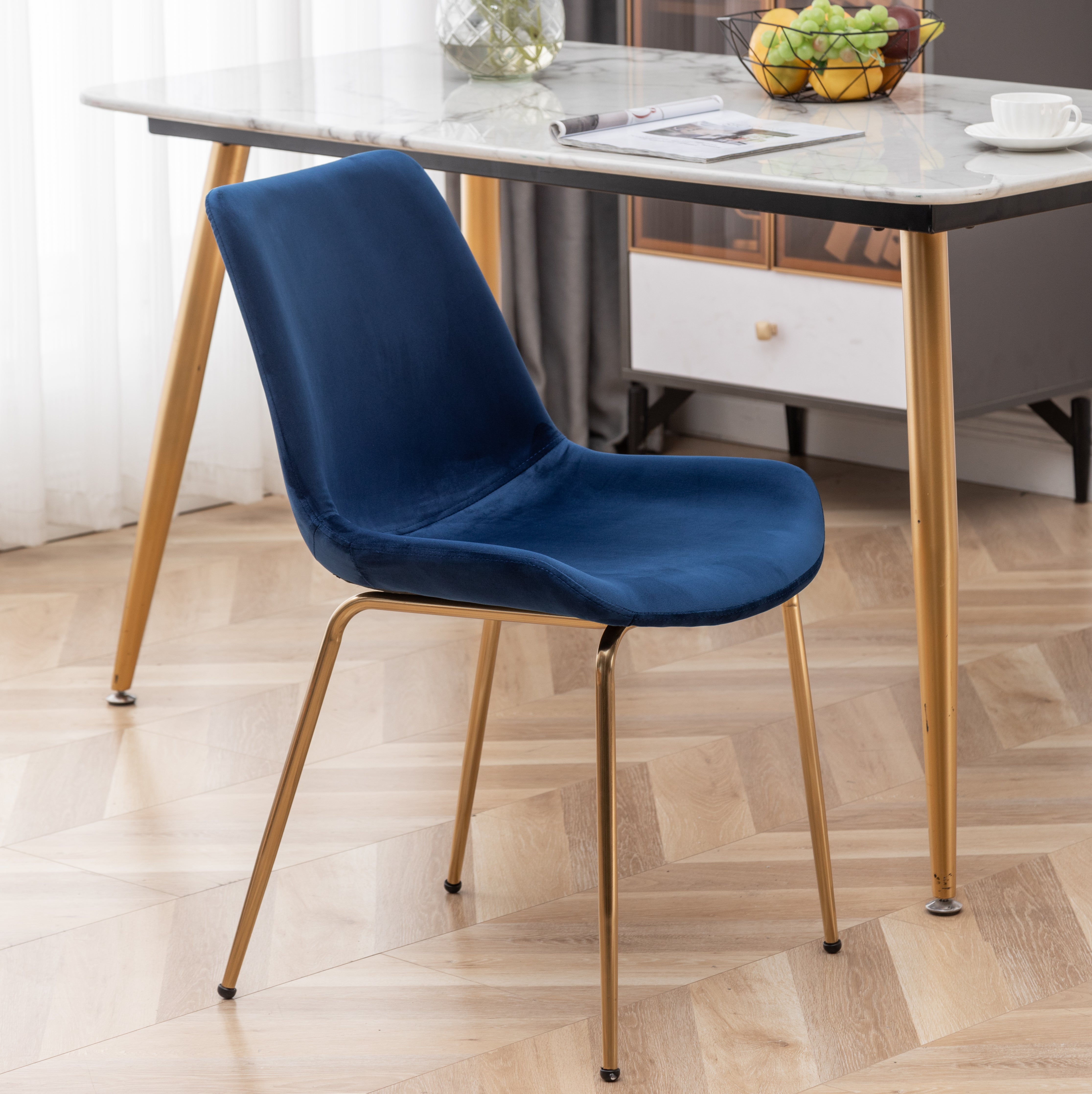 Roundhill Furniture Aufurr Modern Velvet Dining Chairs - Set of 2, Blue Velvet Upholstered Accent Chairs for Dining Room, Kitchen, or Home Office - Comfortable Mid-Century Style Seating