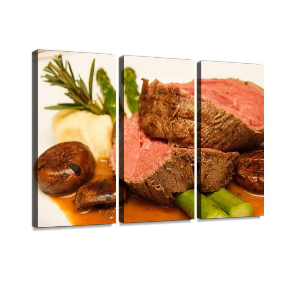 Blaverr 3-Panel Modern Canvas Wall Art - Prime Rib with Asparagus & Mushrooms Food Artwork - Ready to Hang Kitchen & Dining Room Decor - Perfect for Home, Restaurant or Cafe Decoration