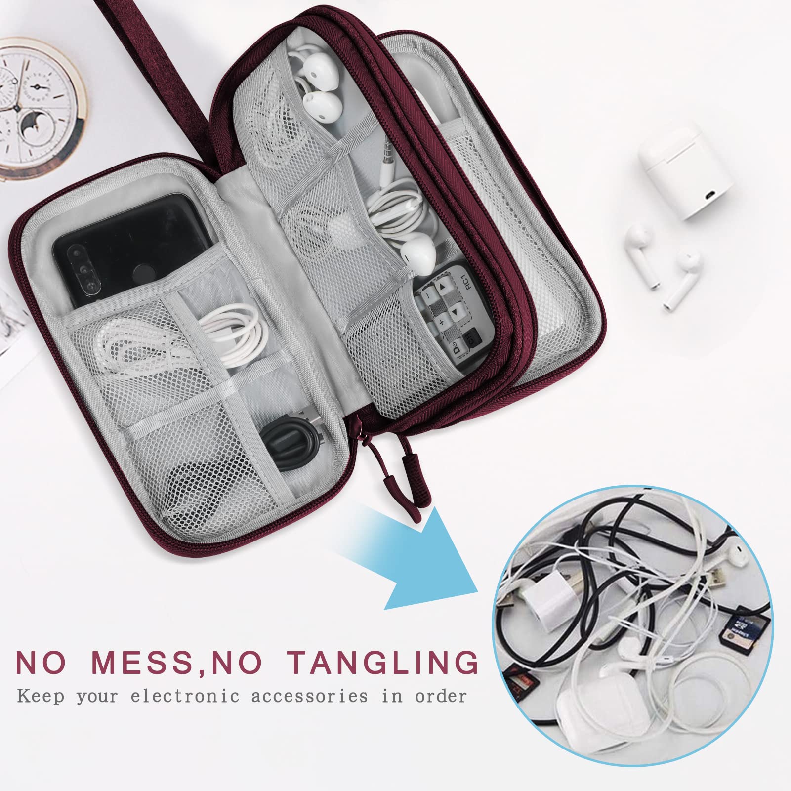Skycase Waterproof Electronic Organizer Travel Case - Double Layer Cable & Accessory Storage Pouch for Chargers, Wires, Tech Gear (Red) | Perfect for Travel, Office & Home Organization