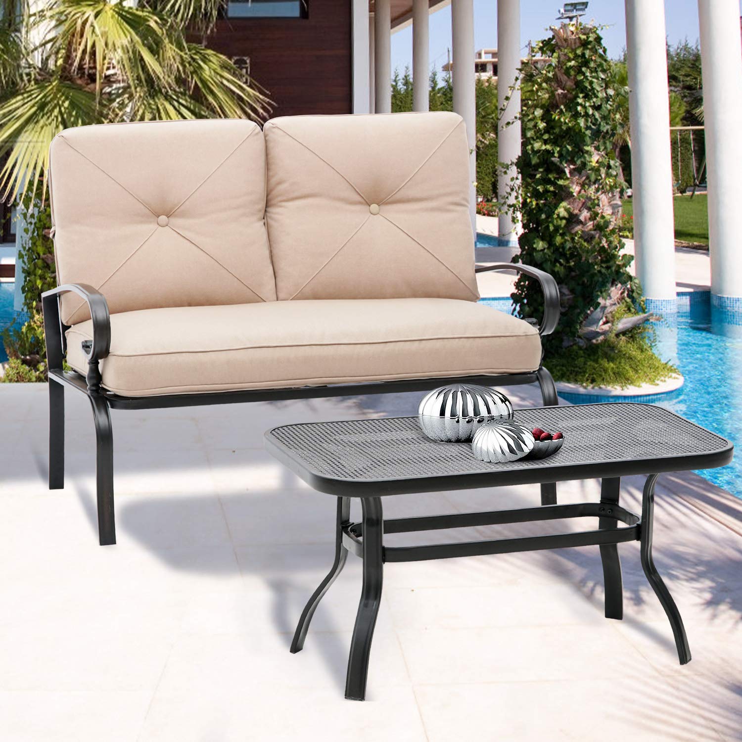 SUNCROWN 2-Piece Outdoor Patio Loveseat Set with Thick Cushions & Coffee Table - Steel Frame Bench for Garden, Balcony, Backyard (Brown) - Perfect for Relaxing, Entertaining, and Enjoying Outdoor Spaces
