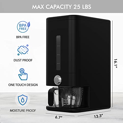 26.5lbs Rice Dispenser with Measuring Cup & Scoop - Airtight BPA-Free Rice Storage Container for Kitchen Pantry Organization - Perfect for Rice, Cereal, Grains & Bulk Food Storage (Black) - Ideal for Home Kitchens, Restaurants & Meal Prep