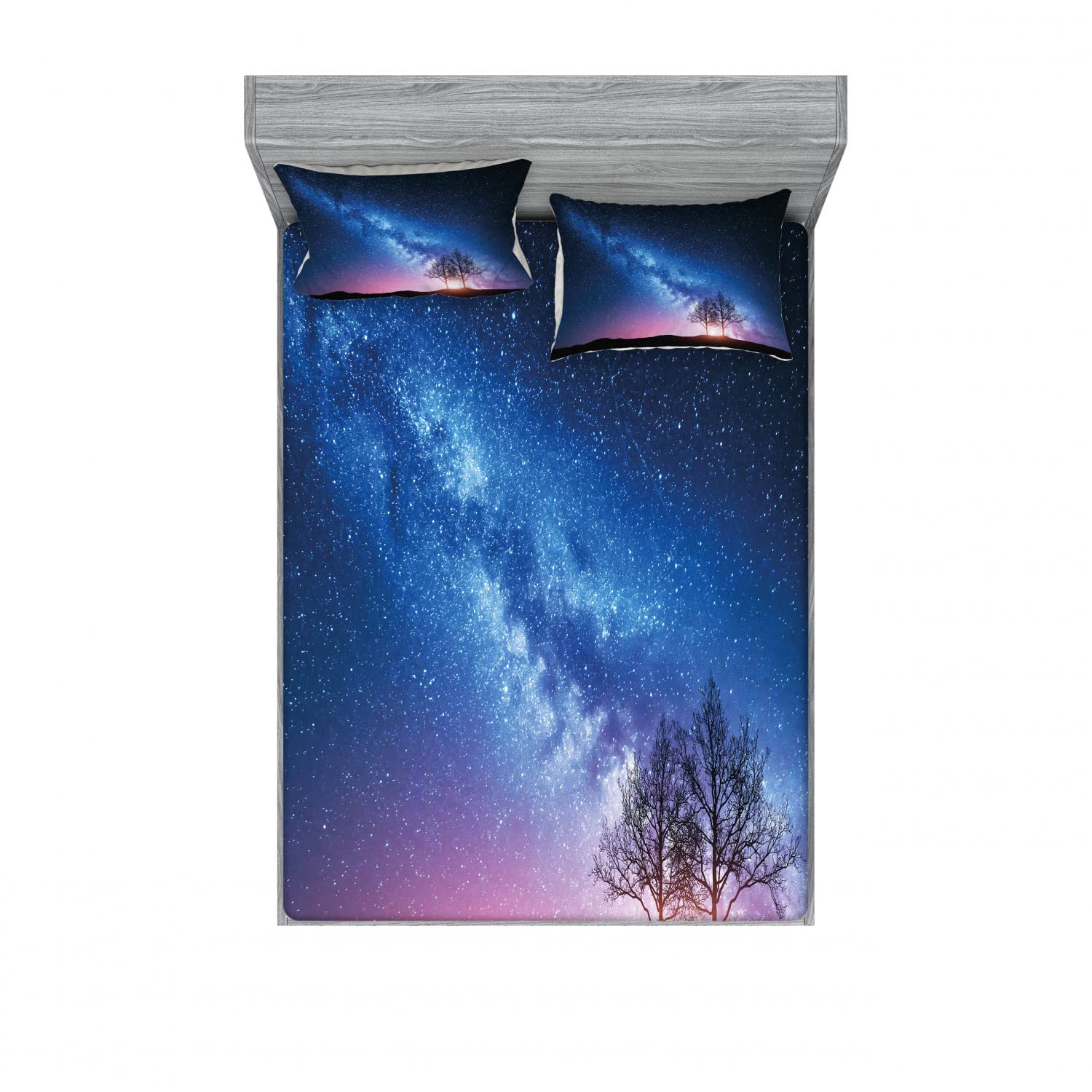 Ambesonne 2-Pack King Size Fitted Sheet Set with 4 Pillow Shams - Leafless Trees at Night Pattern, Vibrant Multicolor Bedding Collection for Cozy Bedroom Decor | Perfect for Guest Rooms, Vacation Homes & Dorm Essentials