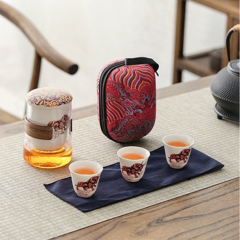 Elegant Glass and Porcelain Deer Travel Tea Set - Portable Tea Cup with Lid for Camping, Picnics & Gifts - Perfect for Outdoor Adventures and Tea Lovers