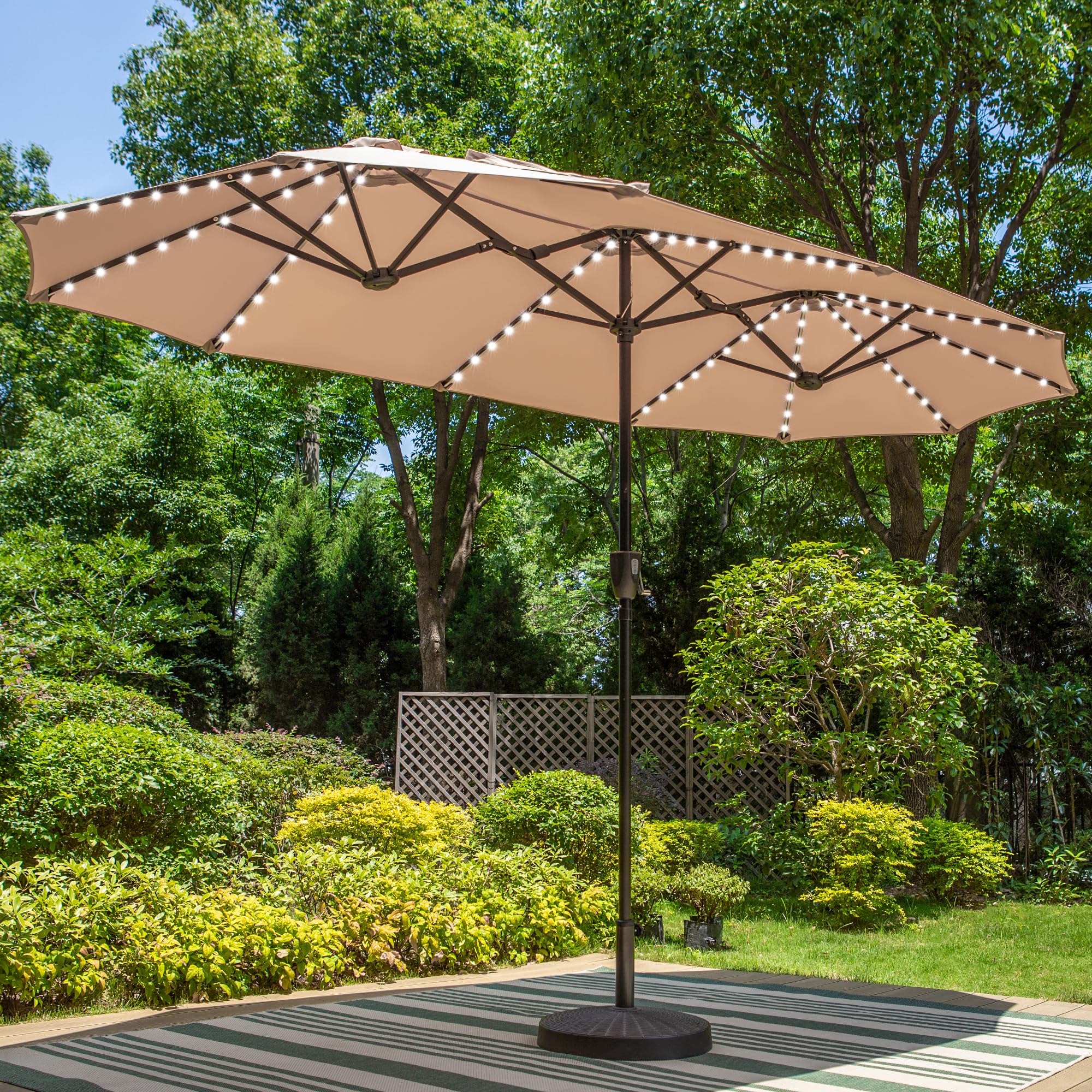 PHI VILLA 13ft Large Outdoor Patio Umbrella with 120 Solar LED Lights - Double-Sided Rectangle Market Umbrella for Deck, Poolside & Backyard (Beige, Base Not Included) | Perfect for Summer BBQs, Garden Parties & Outdoor Dining