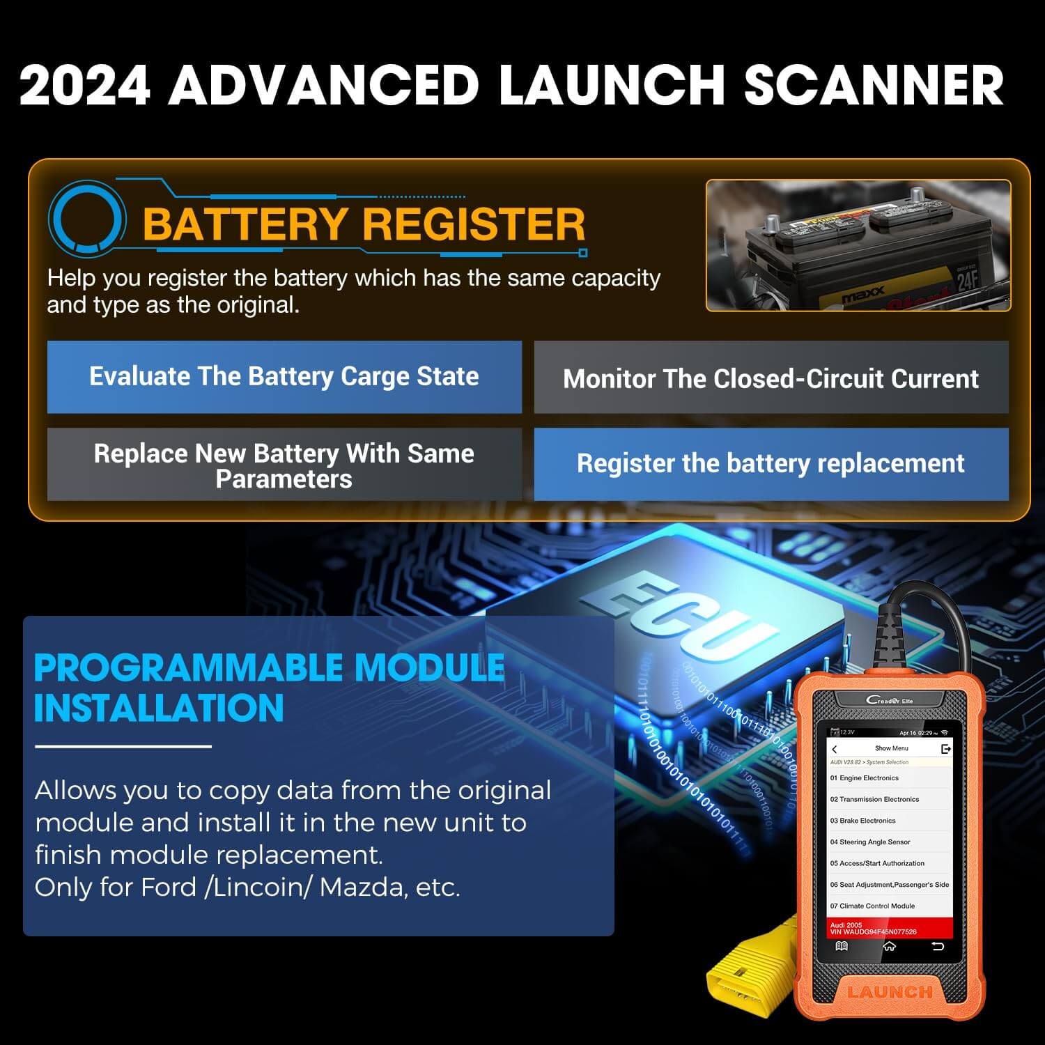 LAUNCH X431 Creader Elite OBD2 Scanner for Ford, Lincoln, Mazda - Bidirectional Diagnostic Tool with Full System Scan - Perfect for DIY Mechanics & Professional Auto Repair Shops