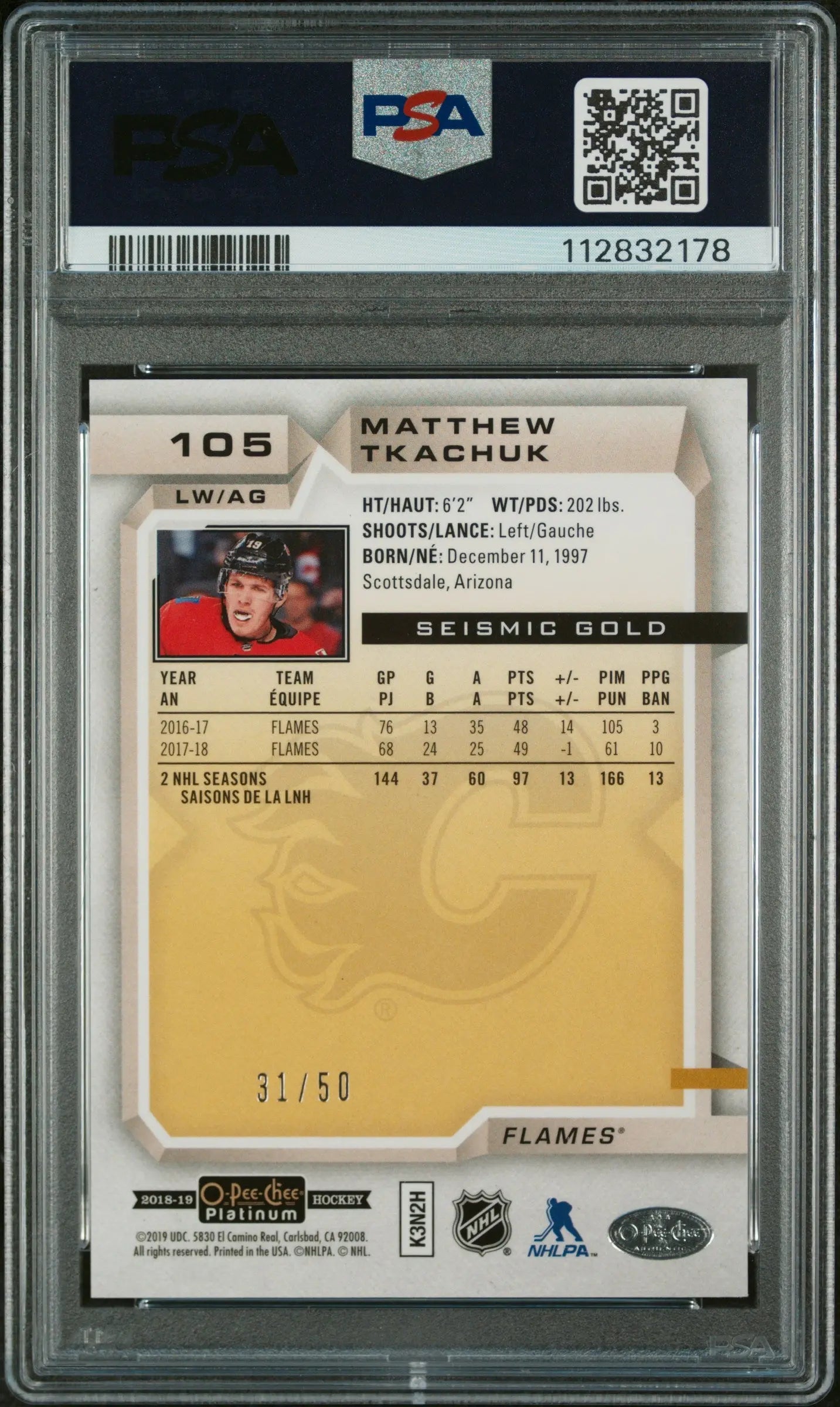 2018 O-Pee-Chee Platinum Matthew Tkachuk Seismic Gold Hockey Card PSA 9 Gem Mint - Rare /50 Limited Edition - Perfect for NHL Collectors and Hockey Memorabilia Enthusiasts