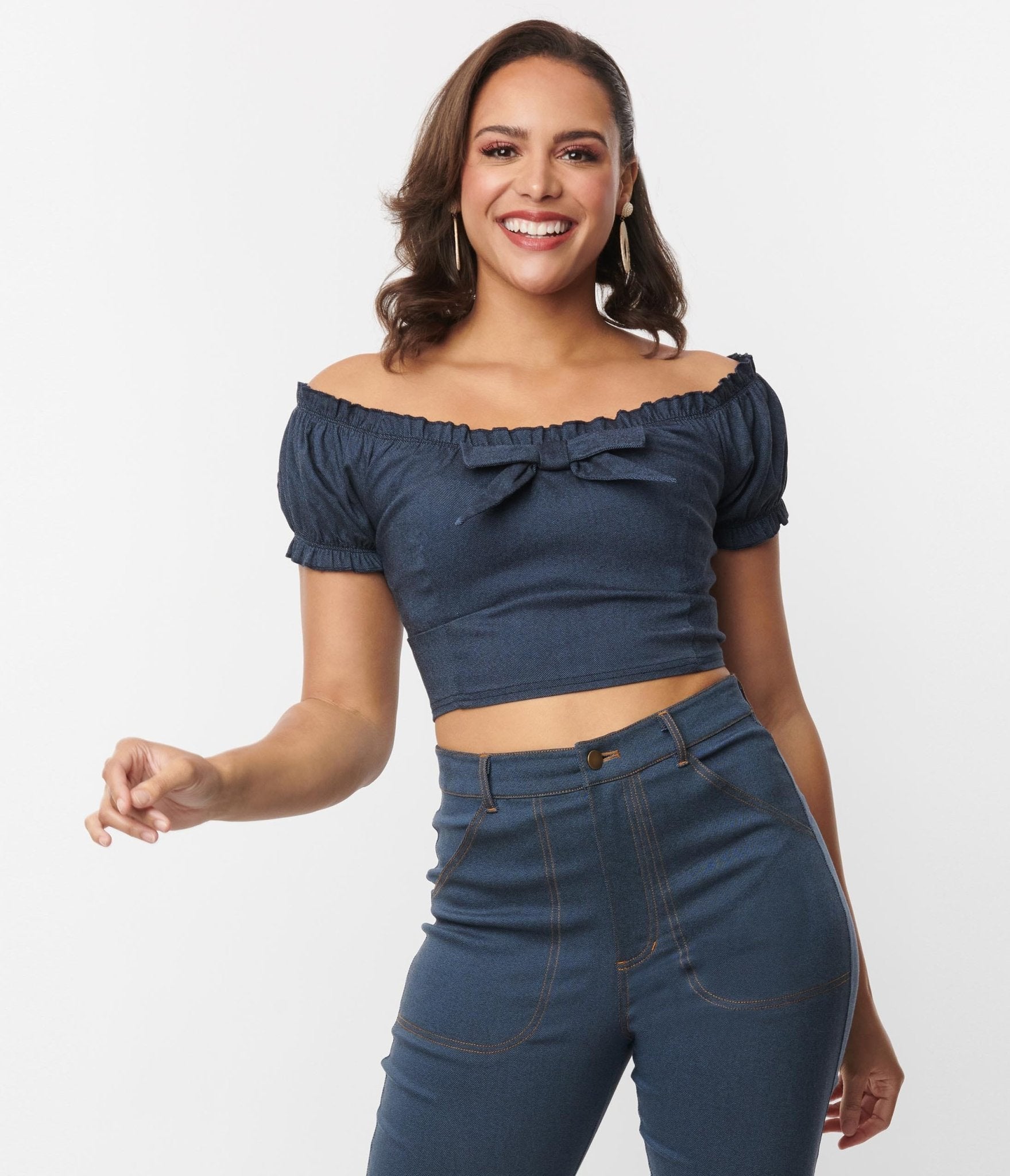 Vintage Denim Puff Sleeve Off-Shoulder Crop Top Women's Fashion - Perfect for Summer Outfits, Music Festivals & Date Nights