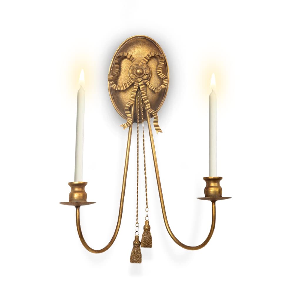 Romantic Gold Wall Mounted Candle Sconces with Bow Pendant - 2 Arm Metal Candle Holders for Living Room, Fireplace, Yard & Pathway Decor - Perfect for Wedding, Dining Room & Outdoor Lighting Ambiance