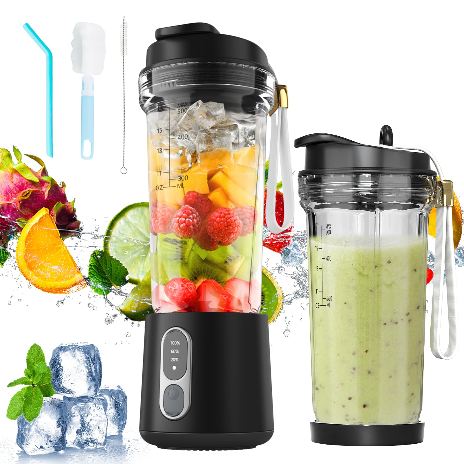 300W Portable Blender for Smoothies & Shakes - Rechargeable Personal Blender with Sharp Stainless Steel Blades - Detachable 18oz Cup for Travel, Gym, Home & Office - Perfect for Post-Workout Protein Shakes & Healthy Breakfast Smoothies