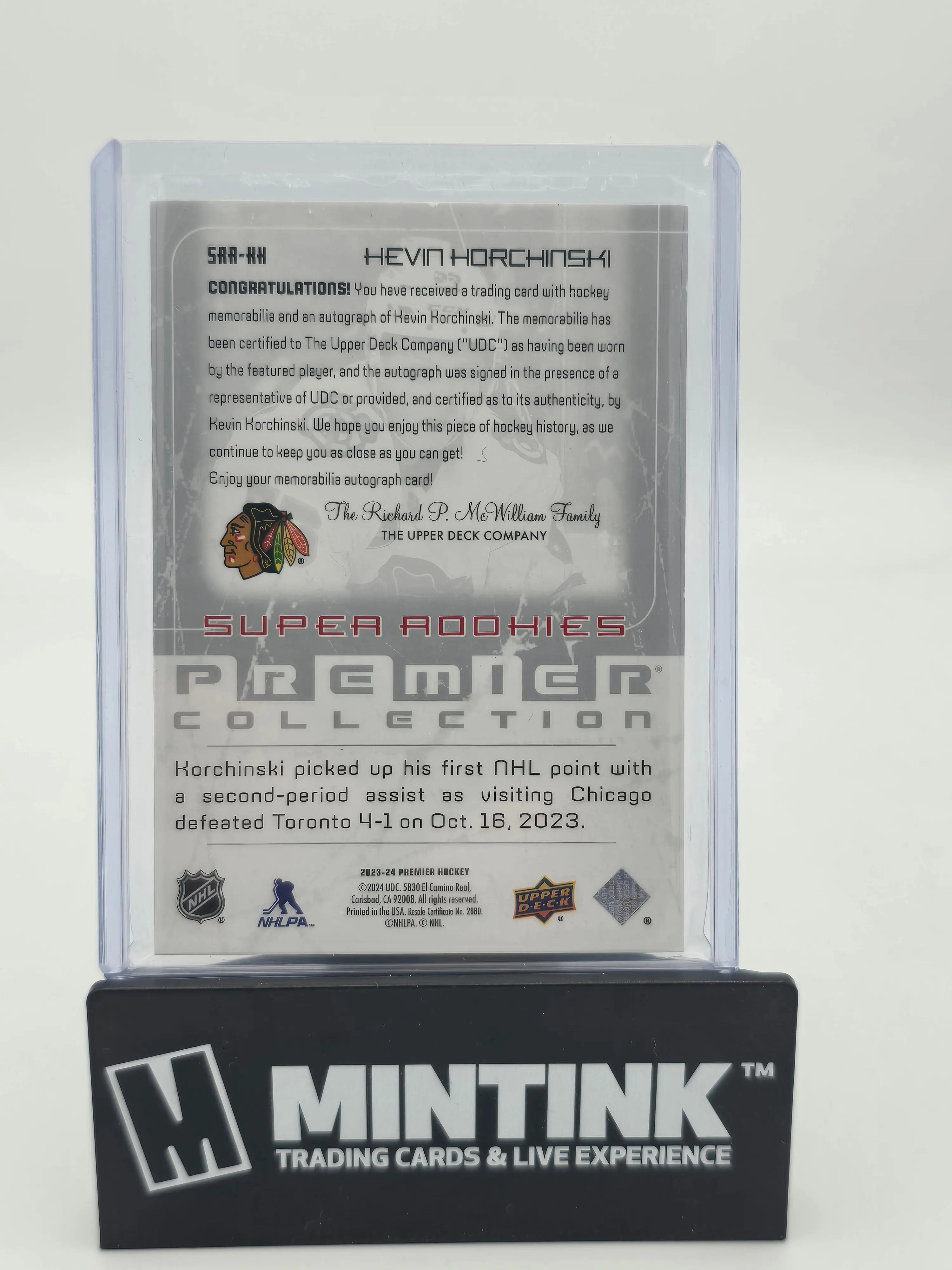 2023-24 Upper Deck Premier Hockey Kevin Korchinski Super Rookies Patch Auto /99 - Limited Edition Collectible Card for NHL Fans & Sports Memorabilia Enthusiasts - Perfect for Trading, Displaying, and Investing in Hockey Cards