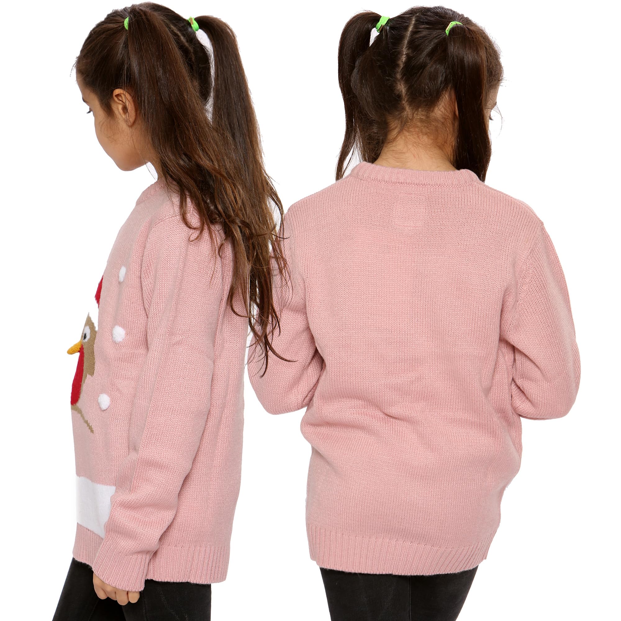 NOROZE Girls Christmas 3D Jumper - Kids Bird & Reindeer Retro Pullover Sweater - Cozy Holiday Outfit for Family Photos & Christmas Parties