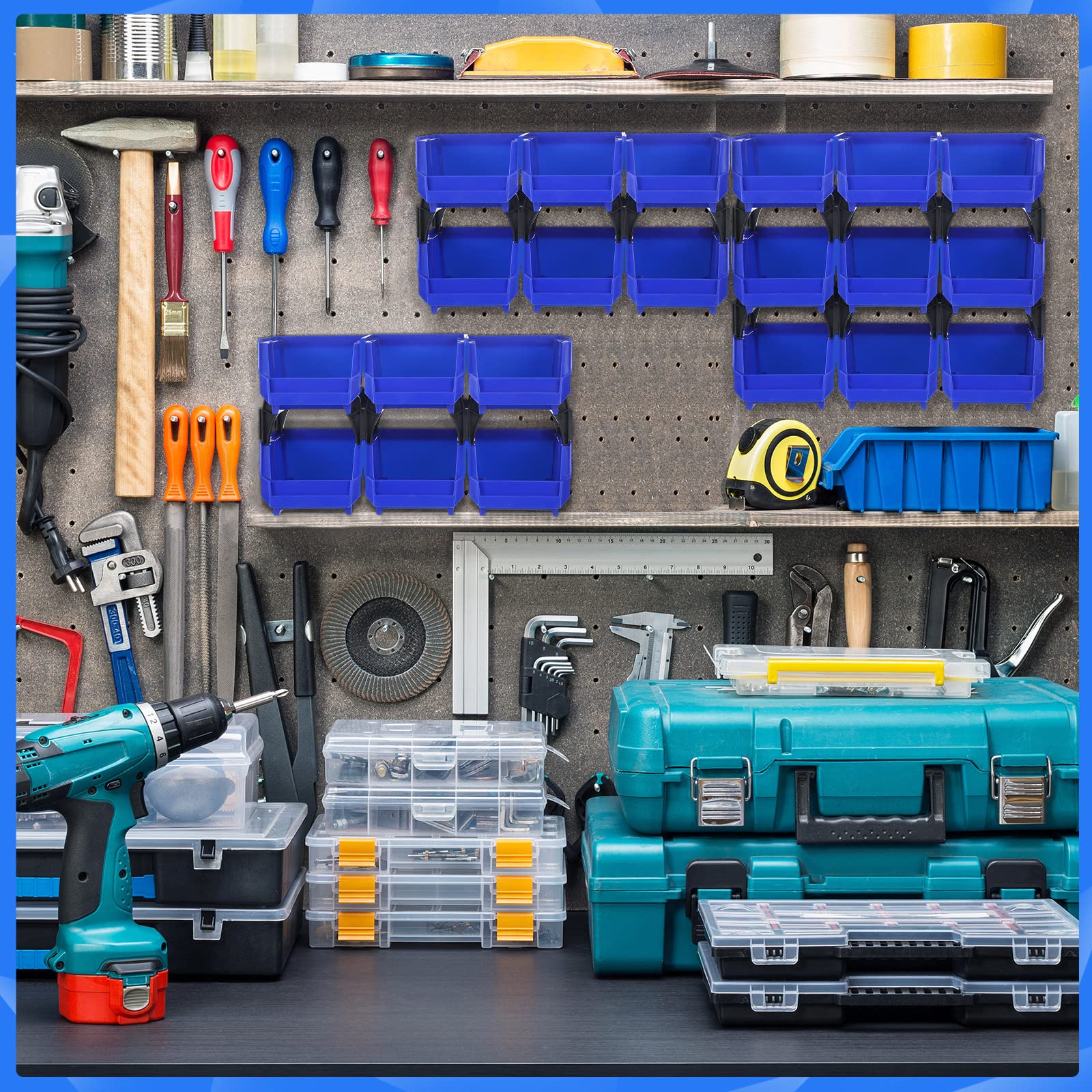 Weysat 24-Piece Wall Mounted Storage Bins Organizer - Stackable Plastic Tool Parts Rack for Screws, Nuts, Bolts & Small Hardware - Perfect for Garage, Workshop & DIY Projects