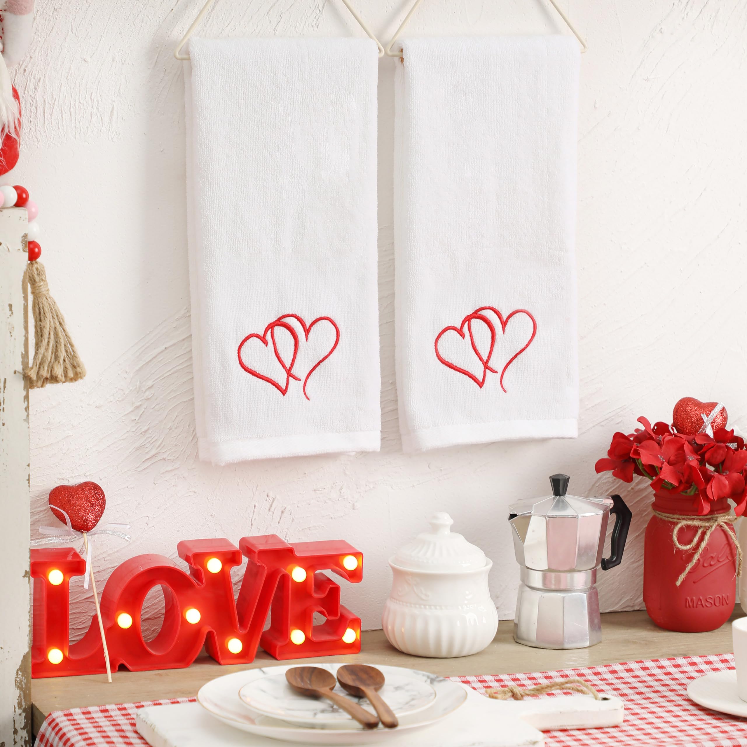 Valentine's Day Cotton Hand Towels - Embroidered Red Heart Set of 2 for Bathroom & Kitchen Decor