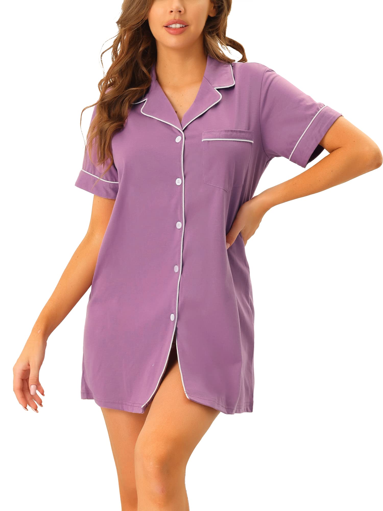 Cheibear Women's Summer Button Down Nightshirt - Soft Lounge Pajama Dress for Sleep & Relaxation - Perfect for Home, Vacation & Cozy Nights