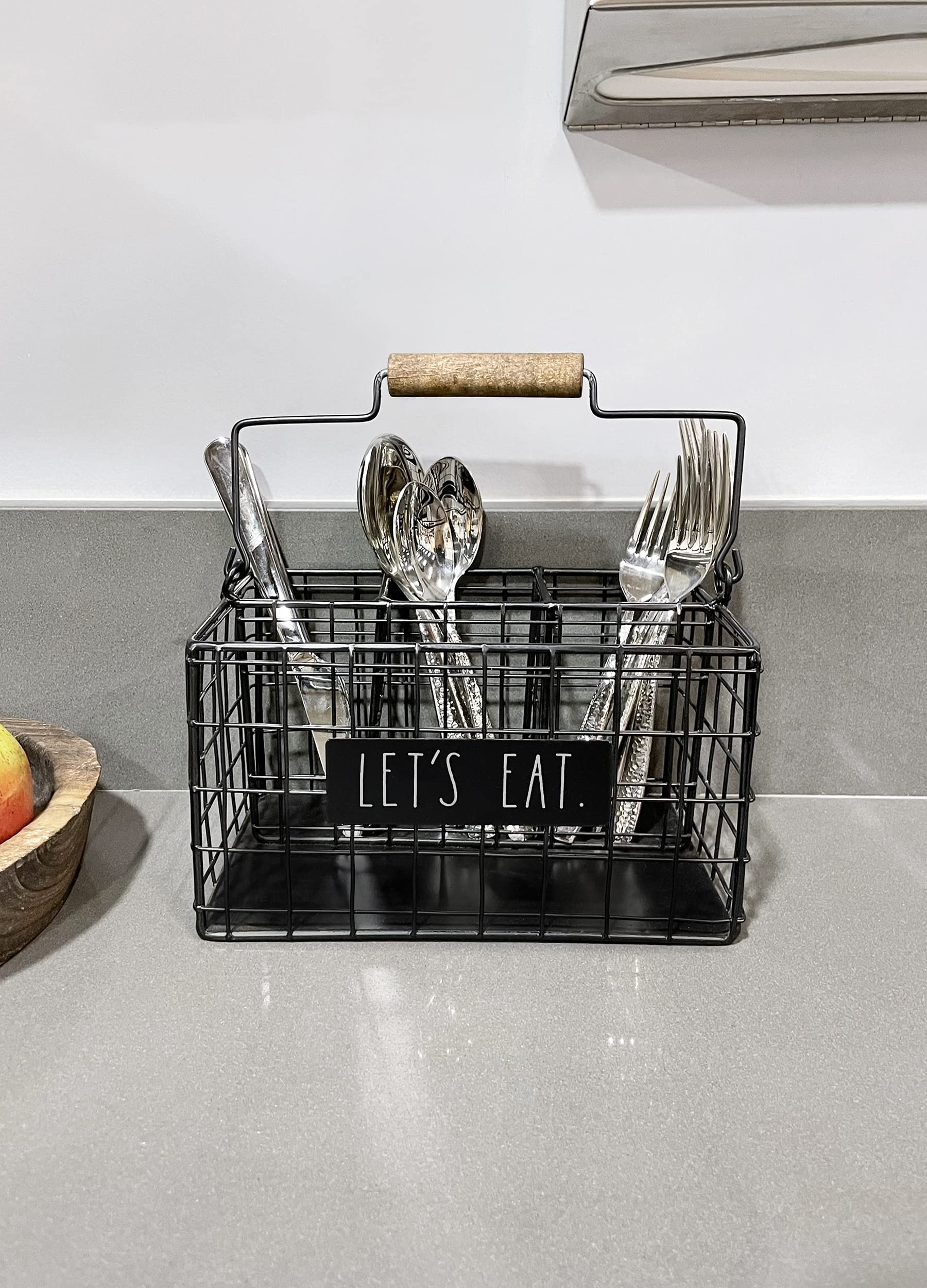 Rae Dunn 6-Section Utensil Caddy - Farmhouse Silverware Organizer for Forks, Knives & Spoons - Rustic Metal Grid-Iron Frame Kitchen Countertop Storage - Perfect for Dining Room, Kitchen Drawer & Buffet Table Organization