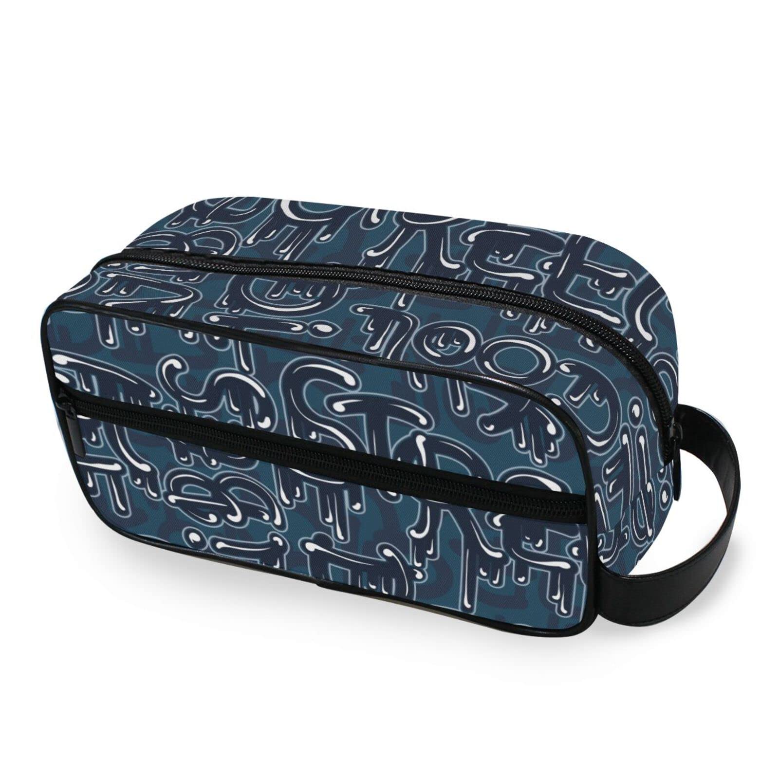 Susiyo Words Art Graffiti Deep Blue Portable Toiletry Bag with Carrying Handle - Waterproof Zippered Cosmetic Organizer & Shaving Travel Dopp Kit for Women & Men - Perfect for Camping, Gym, Business Trips & Daily Use