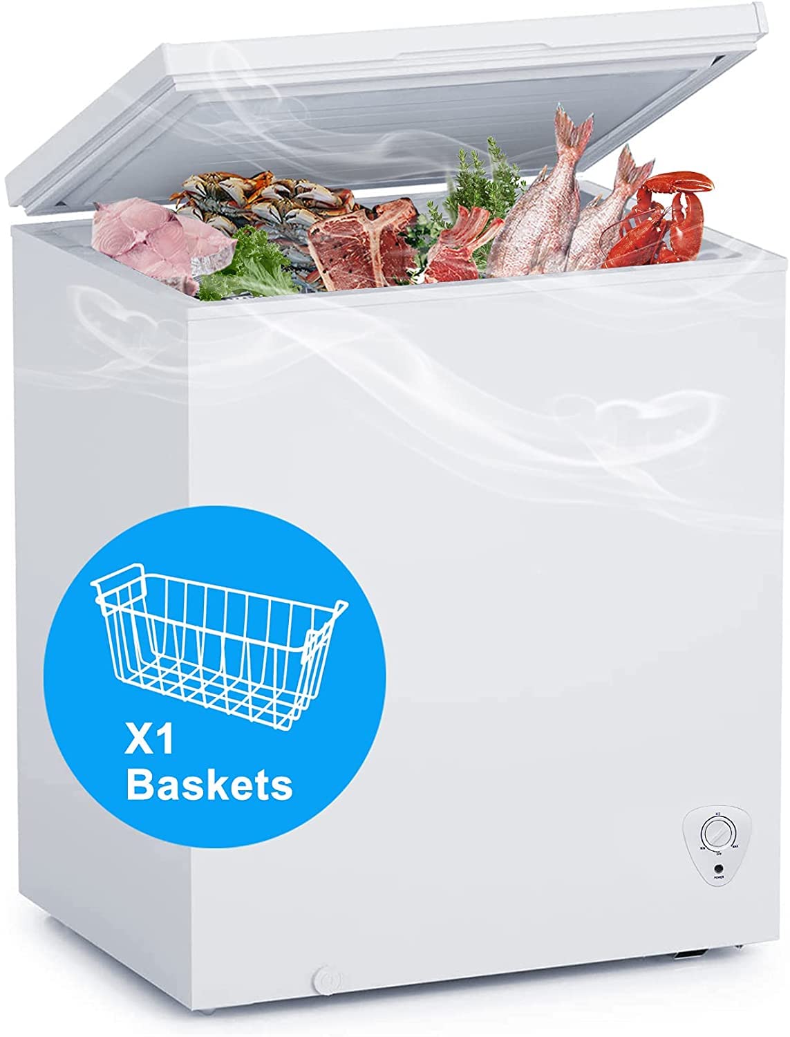 5 Cu. Ft Chest Freezer - Energy Efficient Small Deep Freezer for Garage, Basement, Apartment & Dorm - White Compact Freezer with Removable Basket - Perfect for Food Storage, Meal Prep & Bulk Buying