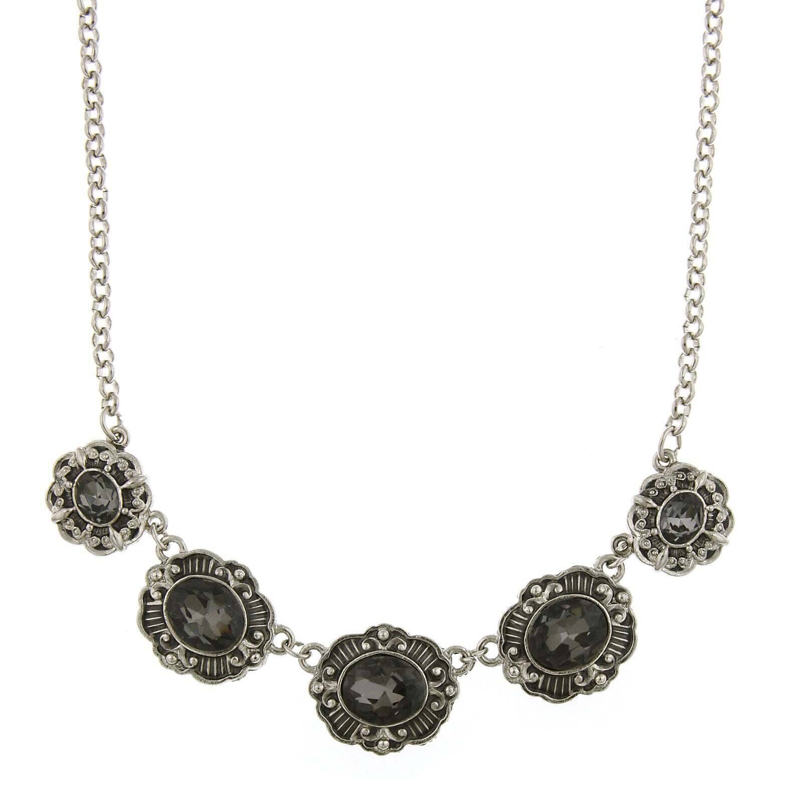 1928 Black Diamond Crystal Oval Pendant Necklace for Women - 16