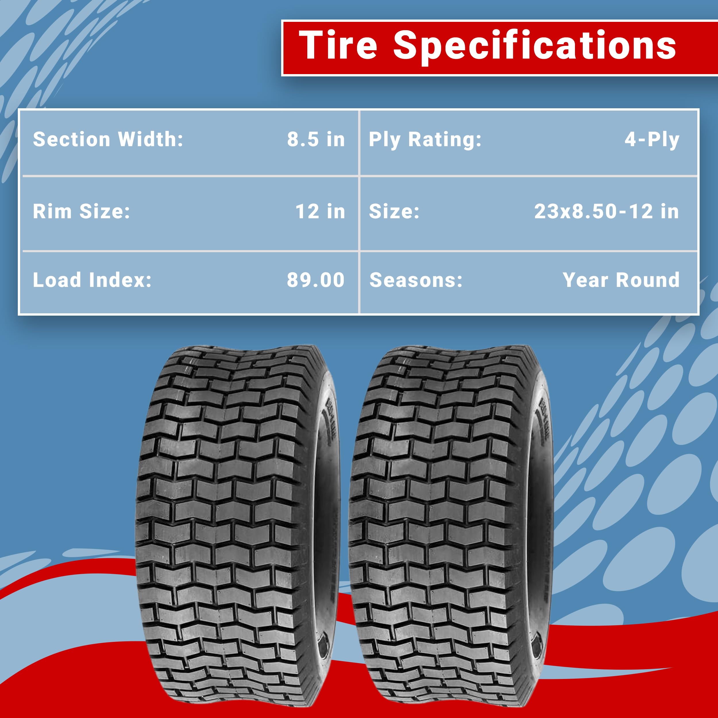 23x8.50-12 4-Ply D265 Tractor Tires - Pair of Tubeless Lawn Mower Tires for Garden Equipment (23-Inch Outer Diameter) - Perfect for Riding Mowers, Tractors and Outdoor Power Equipment