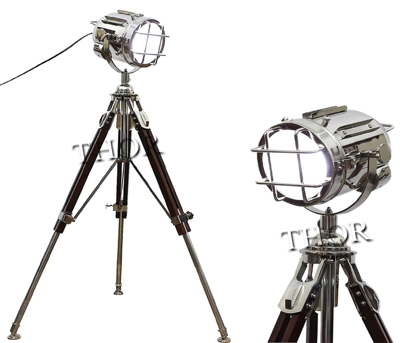 THOR INSTRUMENTS Vintage Nautical Spotlight - Adjustable Tripod Floor Lamp with Chrome Finish for Studio Lighting, Home Decor & Unique Gifts | Perfect for Photography Studios, Living Rooms & Coastal-Themed Interiors