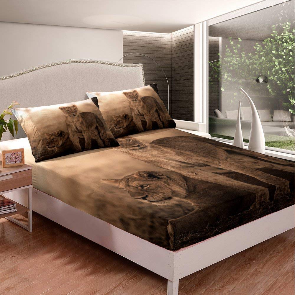 Erosebridal 3D Lion Queen Size Bedding Set - African Savannah Wildlife Fitted Sheet, Safari Animal Print Duvet Cover - Trendy Brown Bed Set for Dorm, Guest Room & Home Decor | Perfect for Jungle Theme Bedrooms & Wildlife Lovers