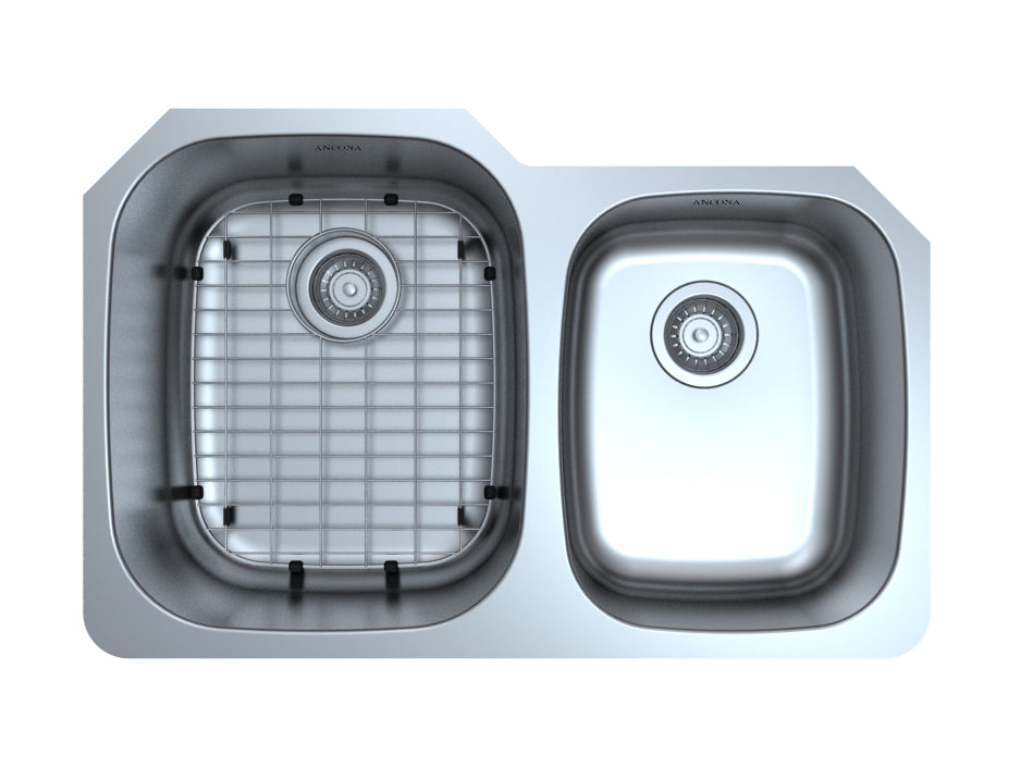 Capri Series 32-Inch Undermount Stainless Steel 60/40 Double Bowl Kitchen Sink - Satin Finish with Grid & Strainers - Perfect for Modern Kitchens & Heavy-Duty Cooking