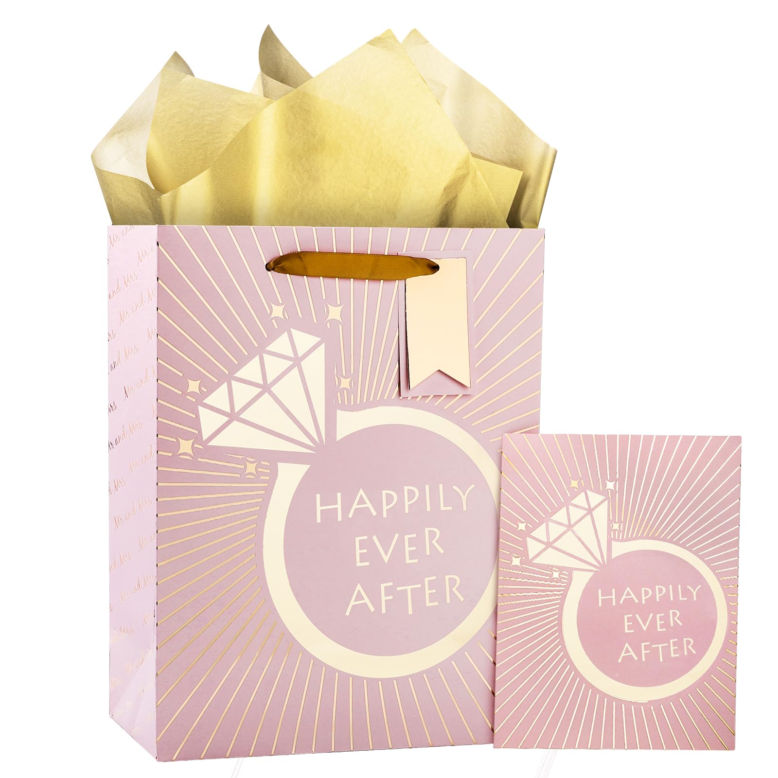 Wedding Gift Bag with Tissue Paper & Card - 10x5x13in, Pink for Parties & Events