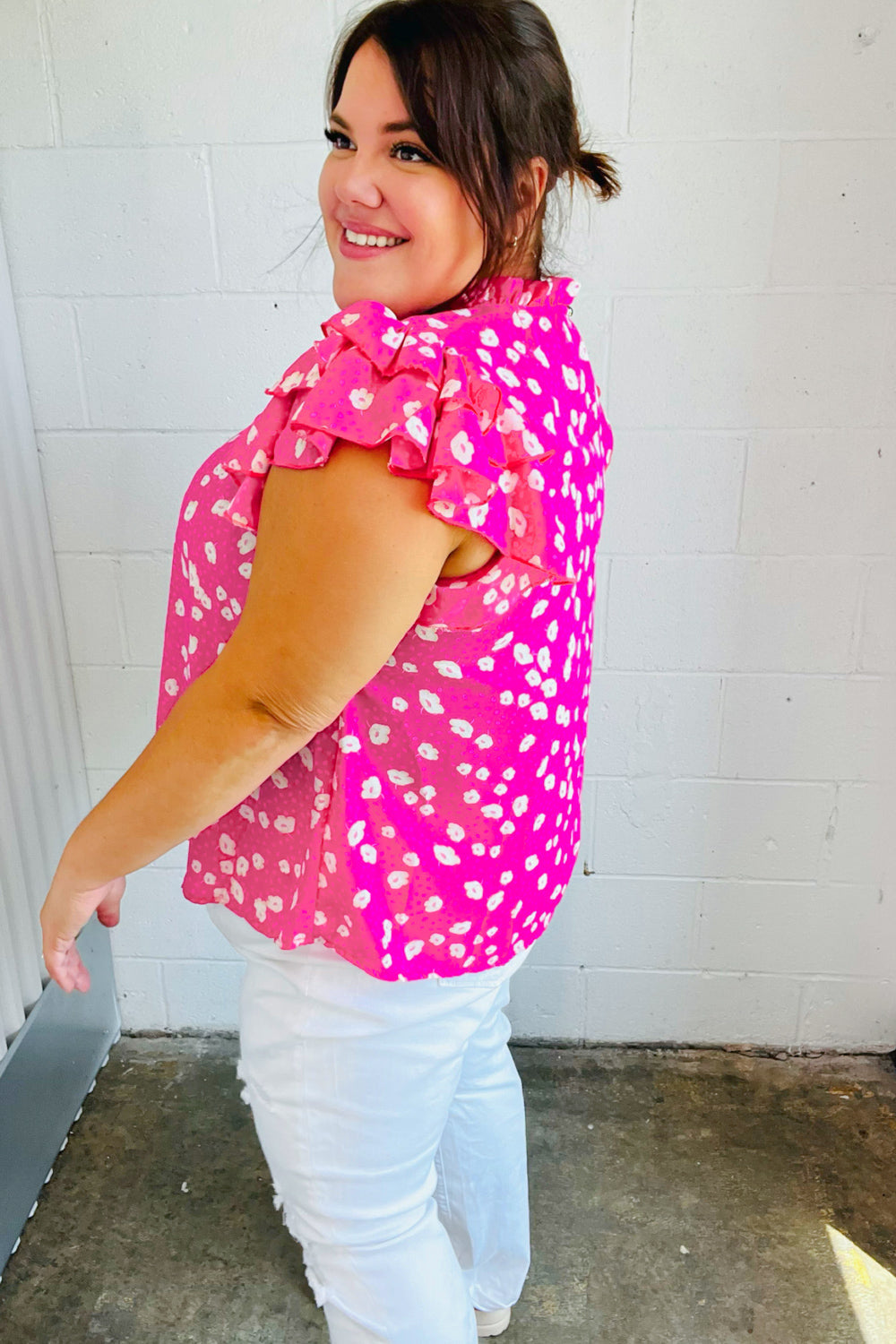 Stylish Hot Pink Floral Print Mock Neck Blouse with Double Flutter Sleeves - Perfect for Spring Outfits, Date Nights & Office Wear