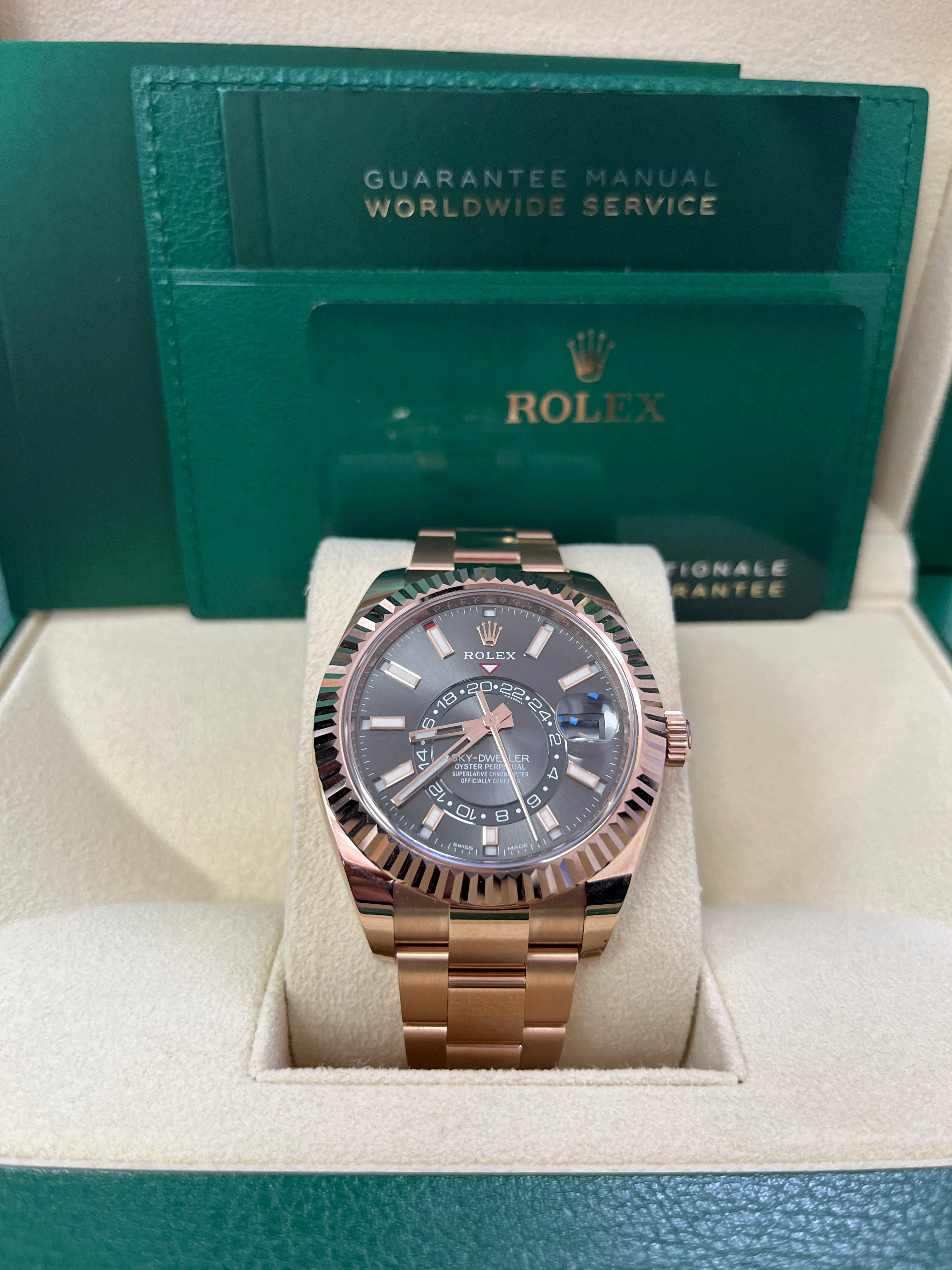 Luxury Rolex Sky Dweller Rose Gold Watch with Dark Rhodium Index Dial & Oyster Bracelet (Ref# 326935) - Perfect for Business Meetings, Formal Events & Luxury Collectors