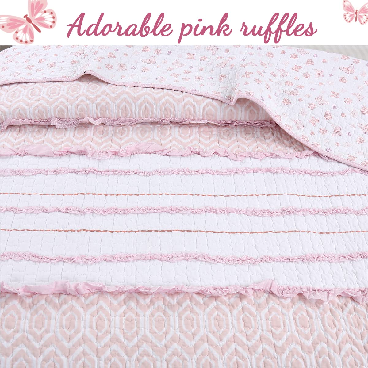 Pink Ruffle Butterfly Reversible 100% Cotton Quilt Bedding Set - Twin Size 4 Piece (1 Quilt + 1 Sham + 2 Pillows) | Soft Cozy Bedspread Coverlet for Girls Room & Teen Bedroom Decor | Perfect for Spring, Summer & Dorm Essentials