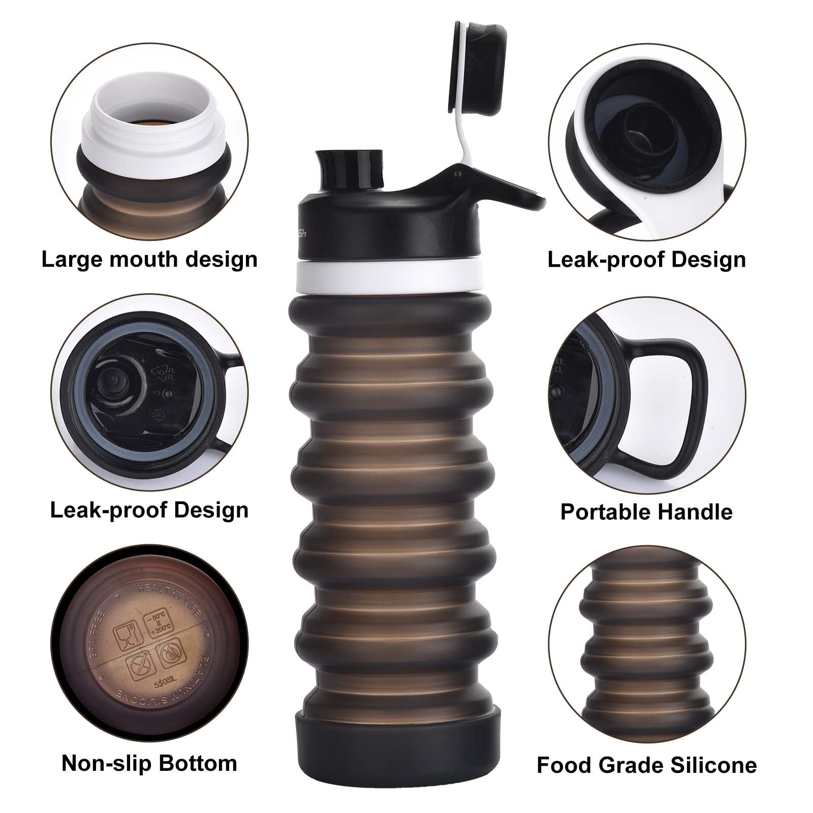 **Muslish 18oz (550ml) Collapsible Water Bottle - BPA Free Silicone, Foldable & Leak Proof - Portable Reusable Sports Water Bottle with Carabiner for Travel, Gym, Camping, Hiking (Charcoal Gray) - Stay Hydrated On-The-Go**