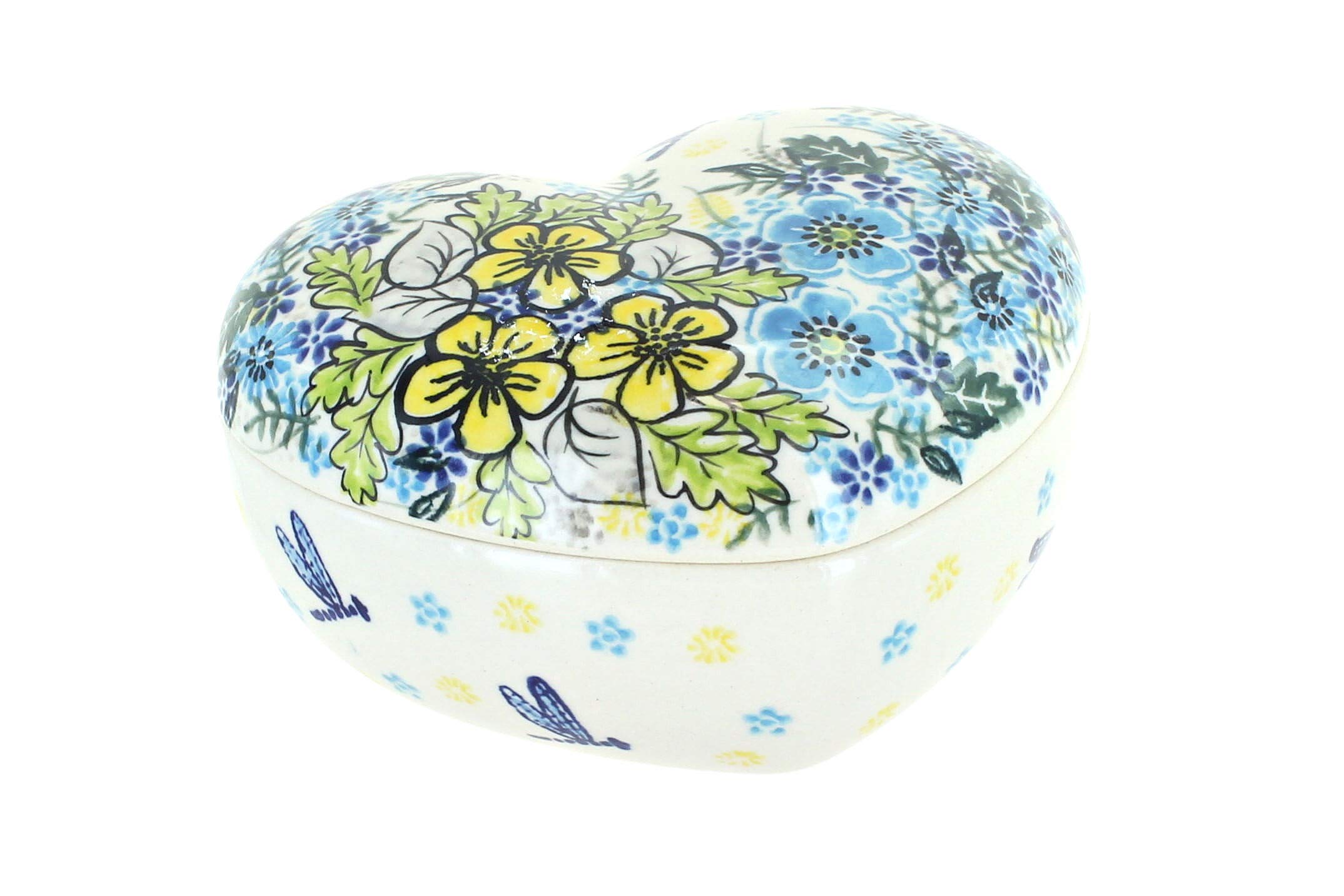 Handmade Blue Rose Polish Pottery Alyssa Large Heart Box - Elegant Ceramic Jewelry Storage & Gift Box for Valentine's Day, Wedding, Anniversary & Home Decor