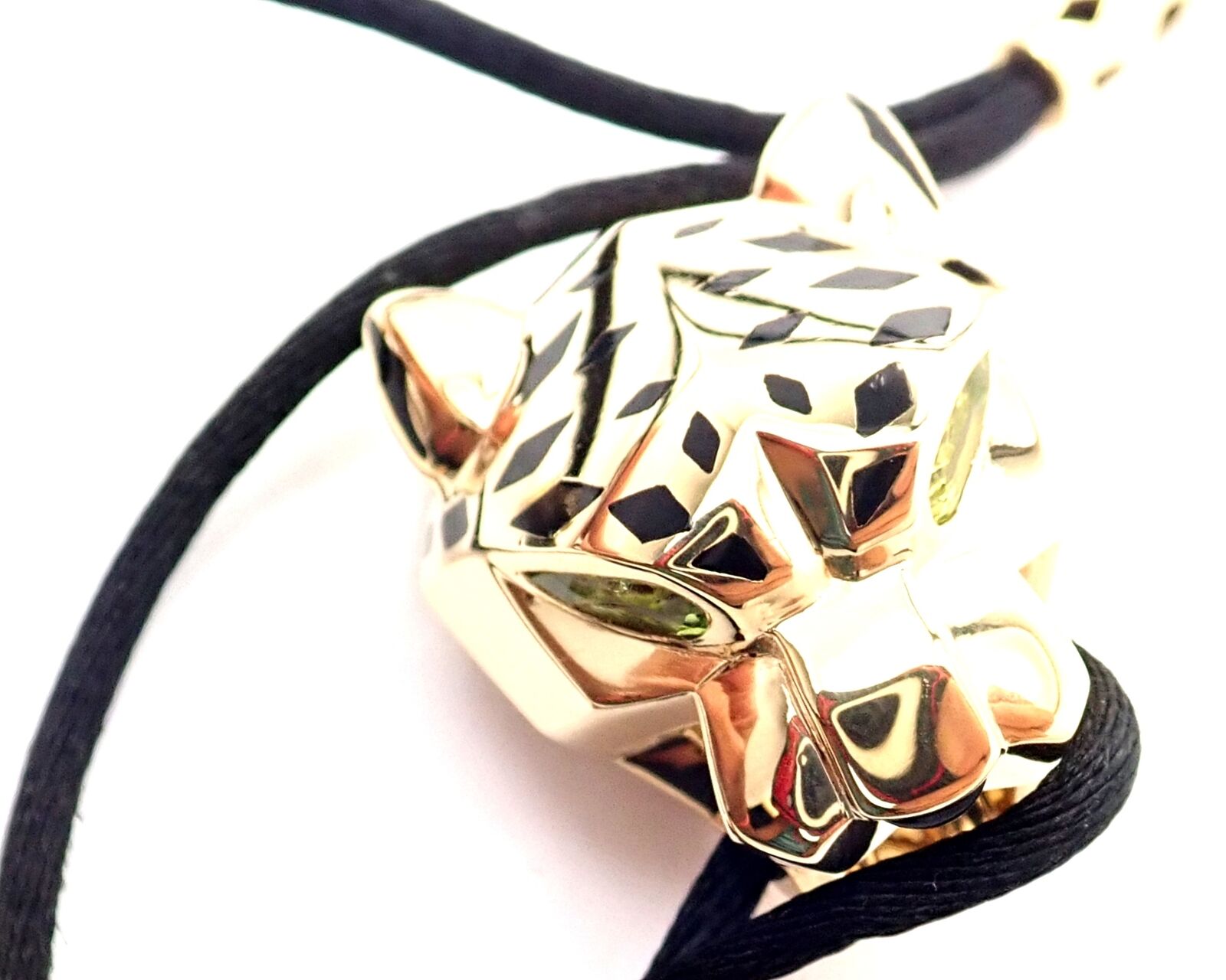 Authentic Cartier Panther Panthere 18k Yellow Gold Peridot Lacquer Cord Necklace for Women - Luxury Jewelry Gift for Birthday, Anniversary & Special Occasions