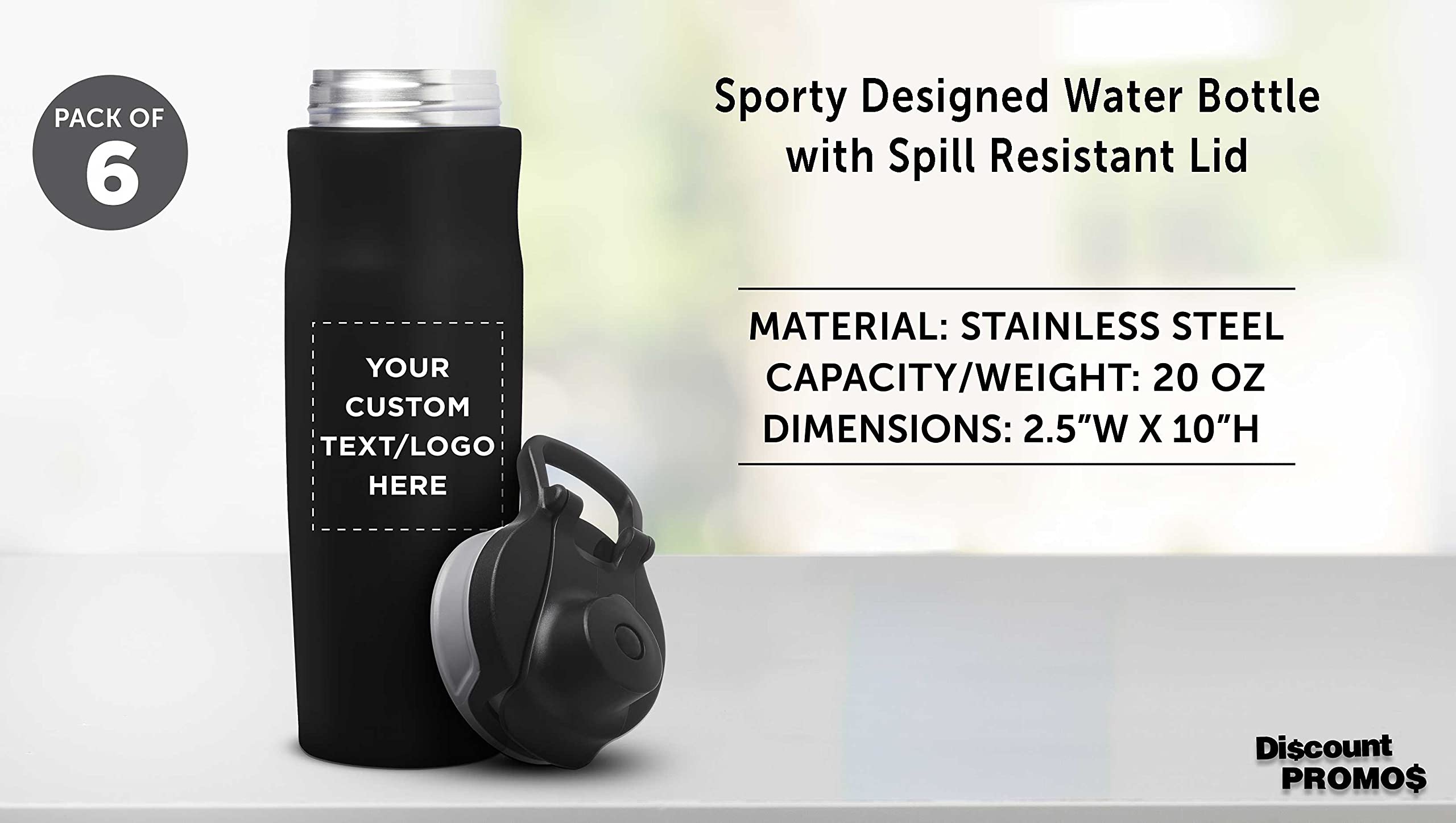 Custom Juno 20oz Water Bottles with Flip Lid - Set of 6 Reusable Personalized Bottles for Gym, Hiking, Cycling & School - Bulk Pack Black - Perfect for Sports, Outdoor Activities & Daily Hydration