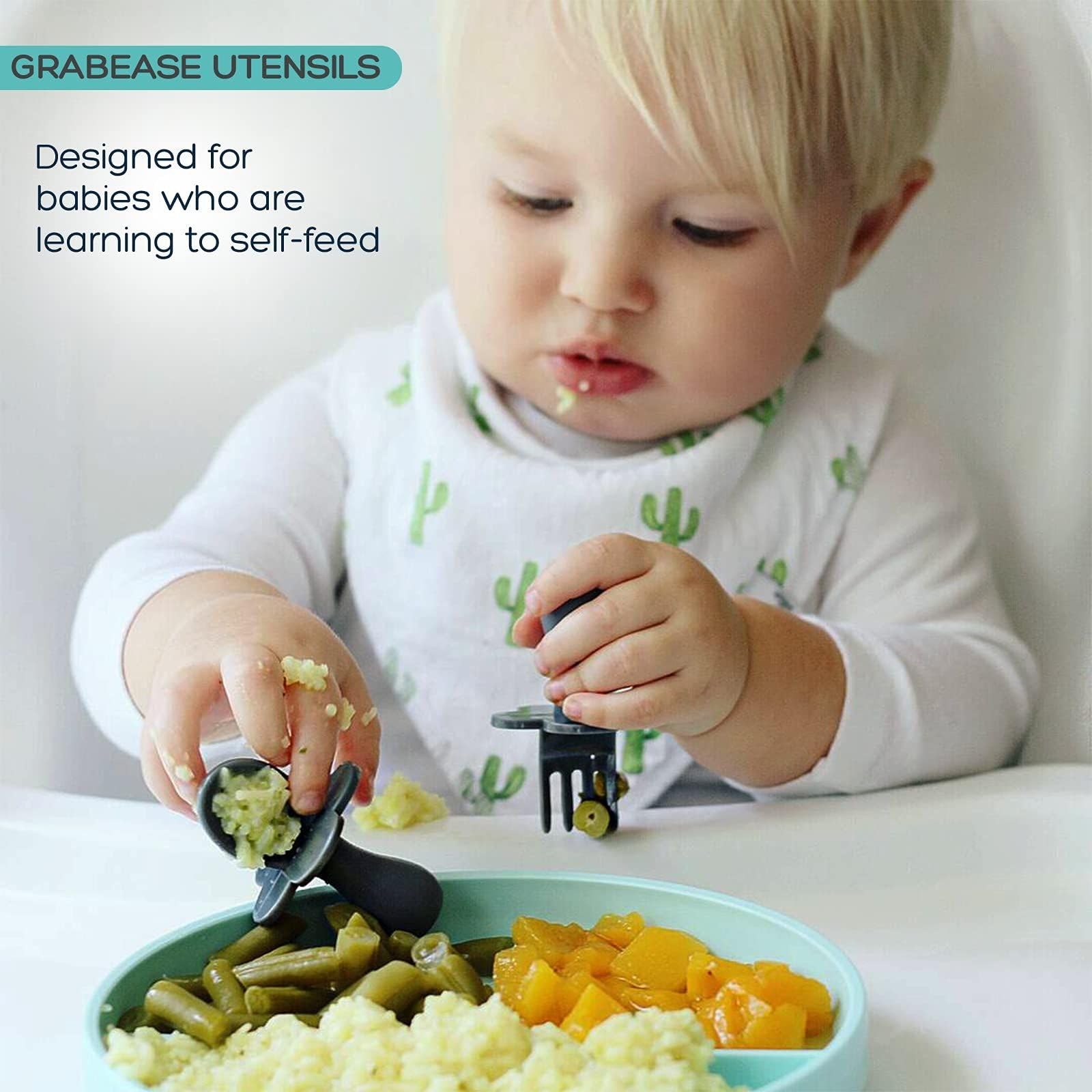 Grabease BPA-Free Toddler Utensil Set - 1 Pack Baby Spoons & Forks for Self Feeding - Safe Plastic Baby Silverware for Infants & Toddlers - Perfect for First Foods, Daycare & Travel Use