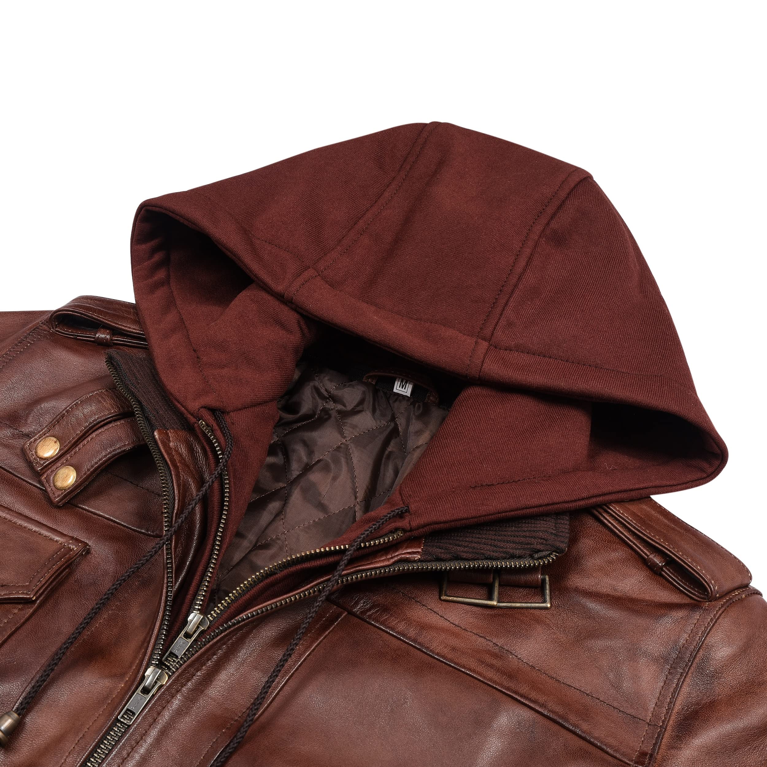 Men's Brown Leather Jacket with Removable Hood - Stylish Motorcycle Jacket for Bikers & Outdoor Enthusiasts | Perfect for Riding, Casual Wear & Cool Weather Protection