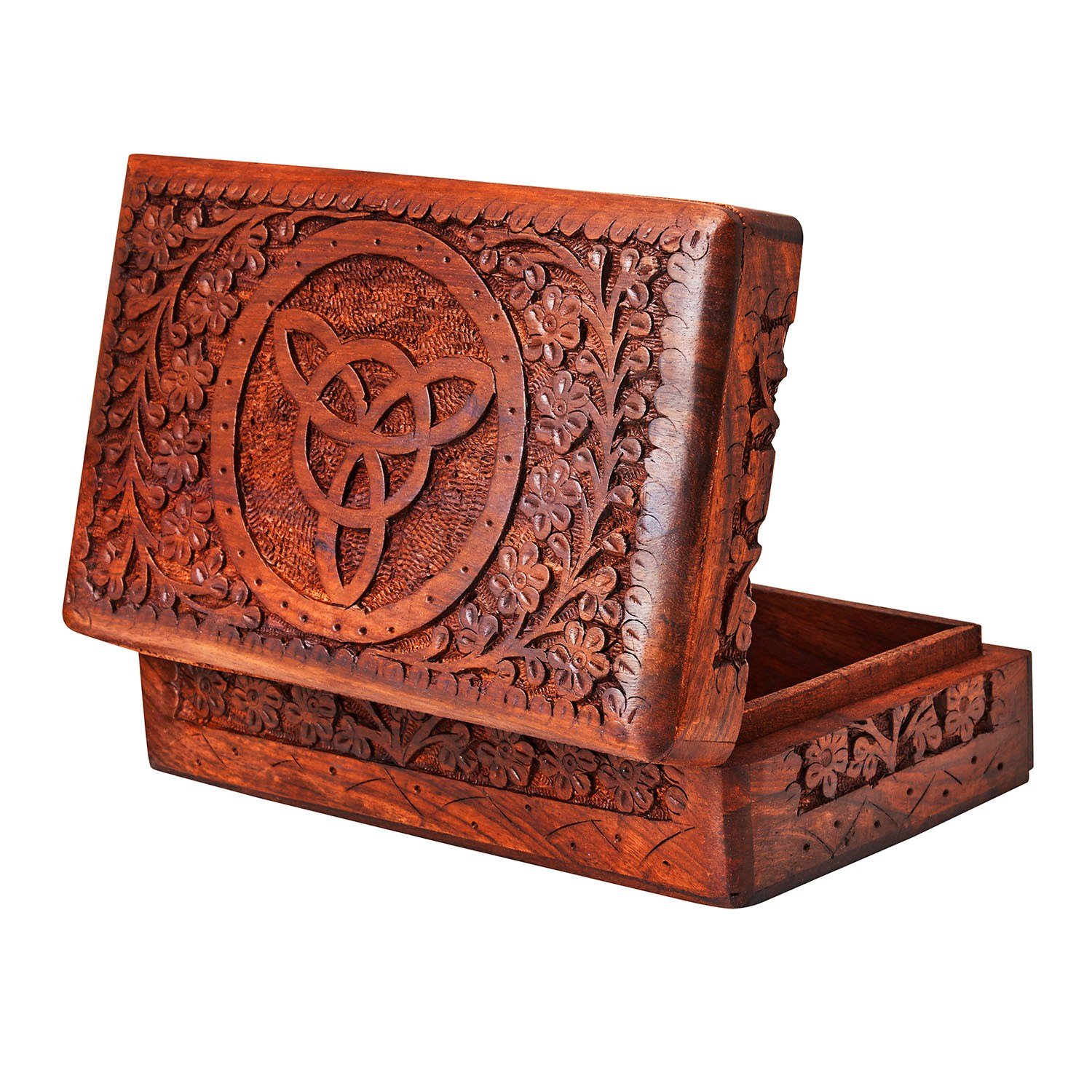 Handmade Wooden Jewelry Box with Triquetra Design - 8 x 5 Inch Decorative Keepsake Box for Jewelry, Watches & Treasures - Perfect Birthday Gift, Wedding Present & Home Storage Organizer (Great for Bedroom Dresser, Travel & Special Occasion Gifts)