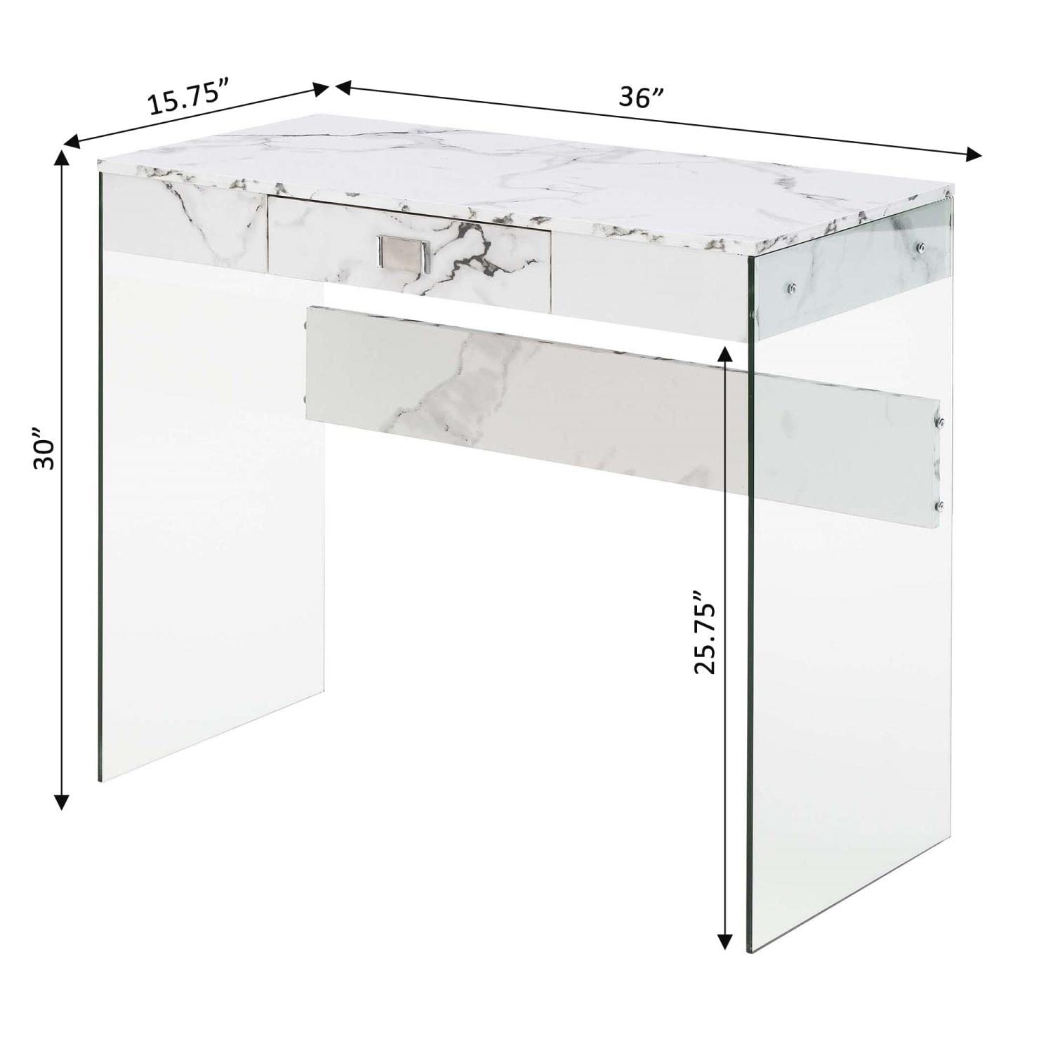 Convenience Concepts SoHo 36-inch White Faux Marble Glass Desk with 1 Drawer - Modern Home Office Furniture for Small Spaces & Workstations
