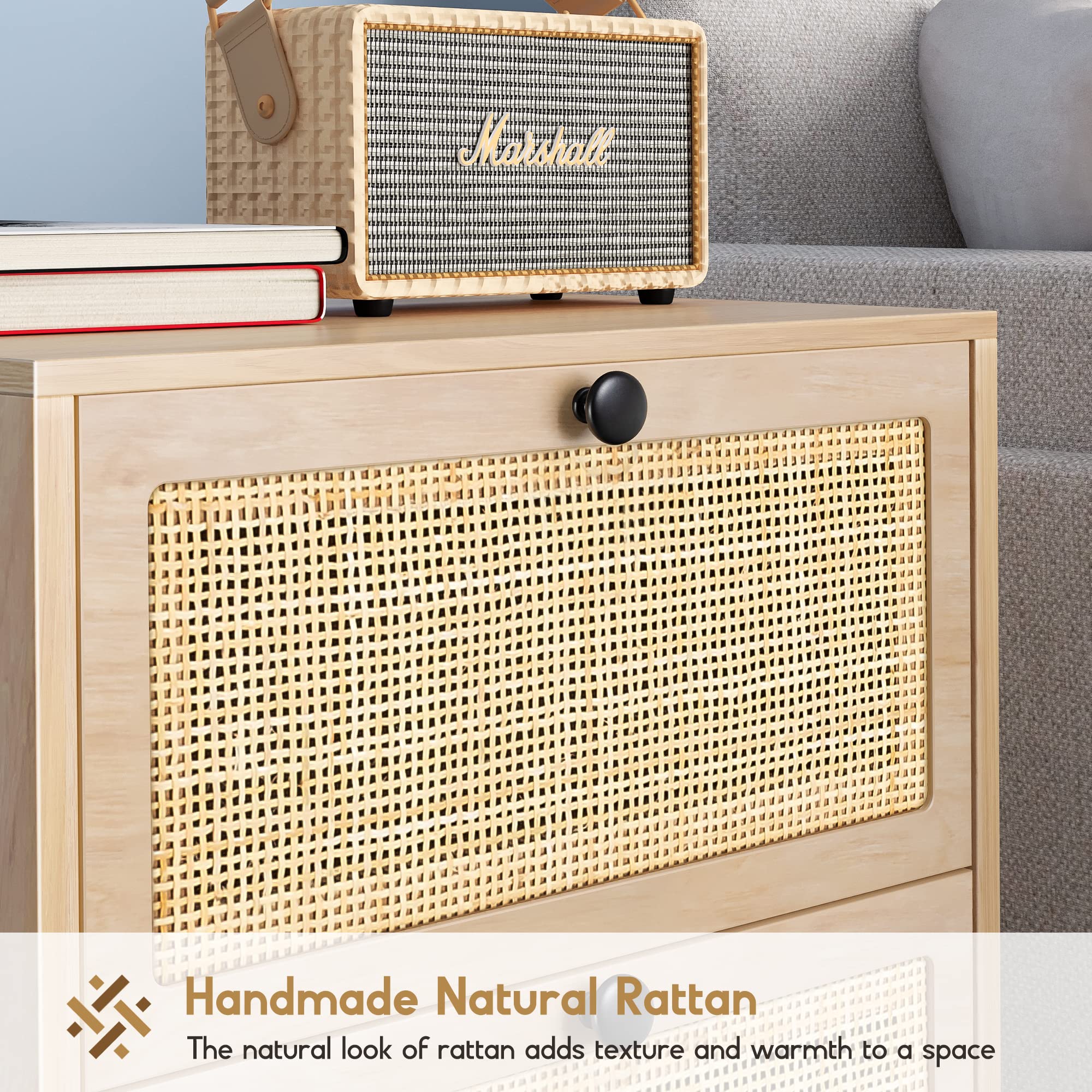 Natural Rattan Nightstand Set of 2 - Boho Bedside Tables with Drawers & Metal Legs, Cane End Tables for Bedroom & Living Room - Perfect for Small Spaces & Home Decor
