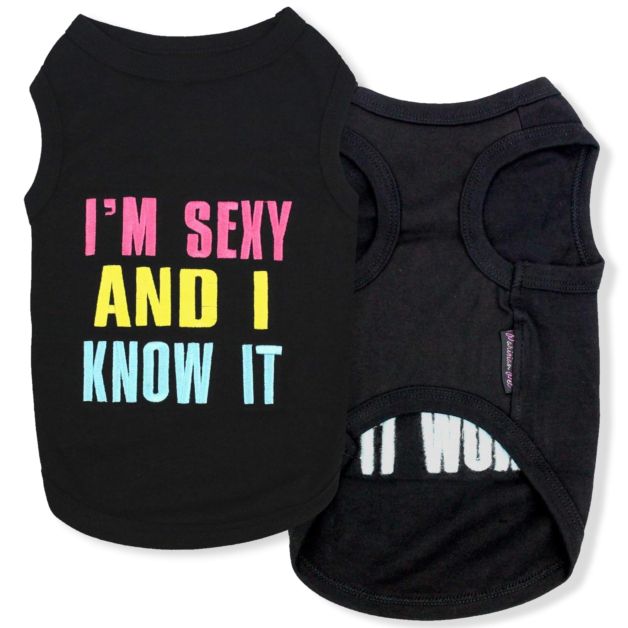 Parisian Pet Dog T-Shirt - Embroidered 'I'm Sexy' Sleeveless Dog Shirt - Breathable Lightweight Dog Clothes for Small Dogs - Machine Washable XS Dog Tee - Perfect for Summer Walks & Pet Fashion Shows