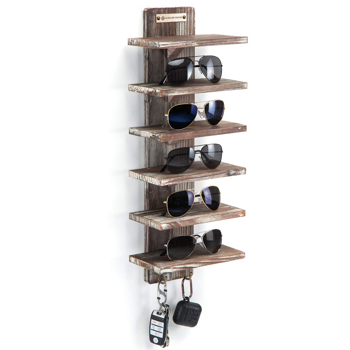 Rustic Wood Wall Mount Sunglasses Organizer - 6 Tier Glasses Storage Rack with 2 Hooks, Jewelry & Watch Display Cabinet, Key Holder - Perfect for Bedroom, Bathroom, Entryway Organization (MK551A)