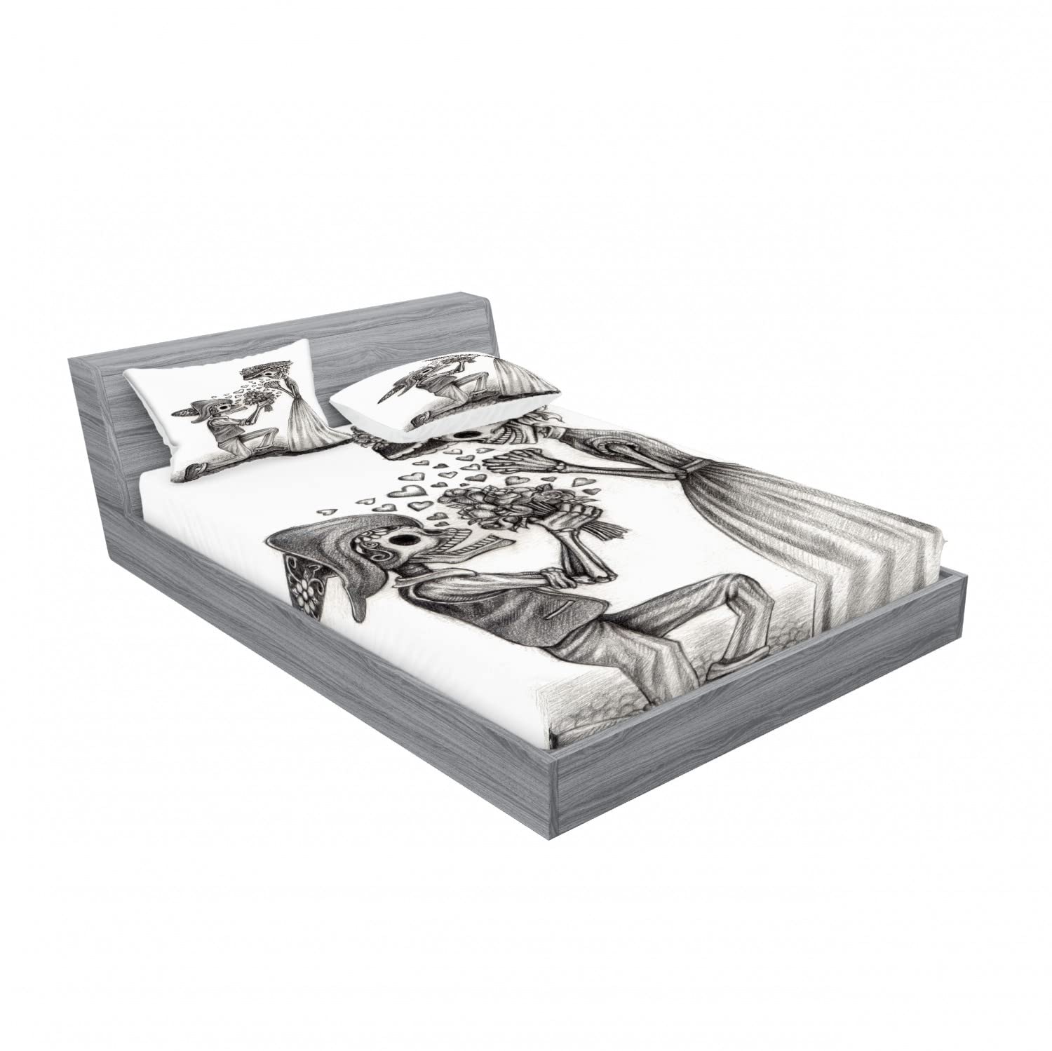 Ambesonne Romance 2-Piece Full Size Fitted Sheet Set with 4 Pillow Shams - Elegant Wedding Bedding in Dimgrey & White - Perfect for Master Bedroom, Guest Room & Bridal Suite Decor