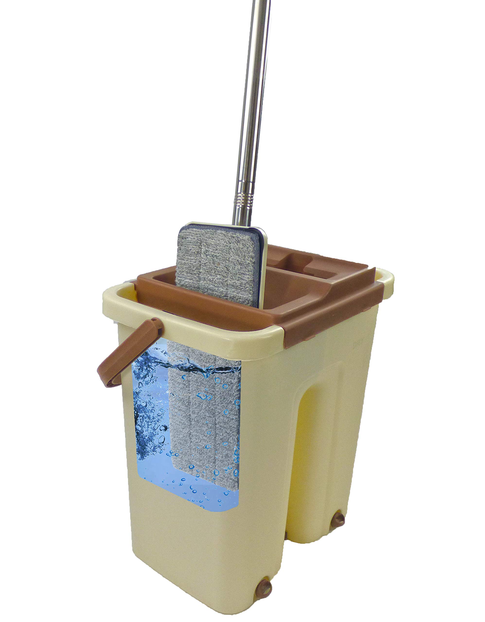 Self Cleaning Flat Mop and Bucket System with 2 Reusable Microfiber Pads - Wet & Dry Mopping for Hardwood, Tile & Laminate Floors - Effortless Floor Cleaning for Homes & Offices