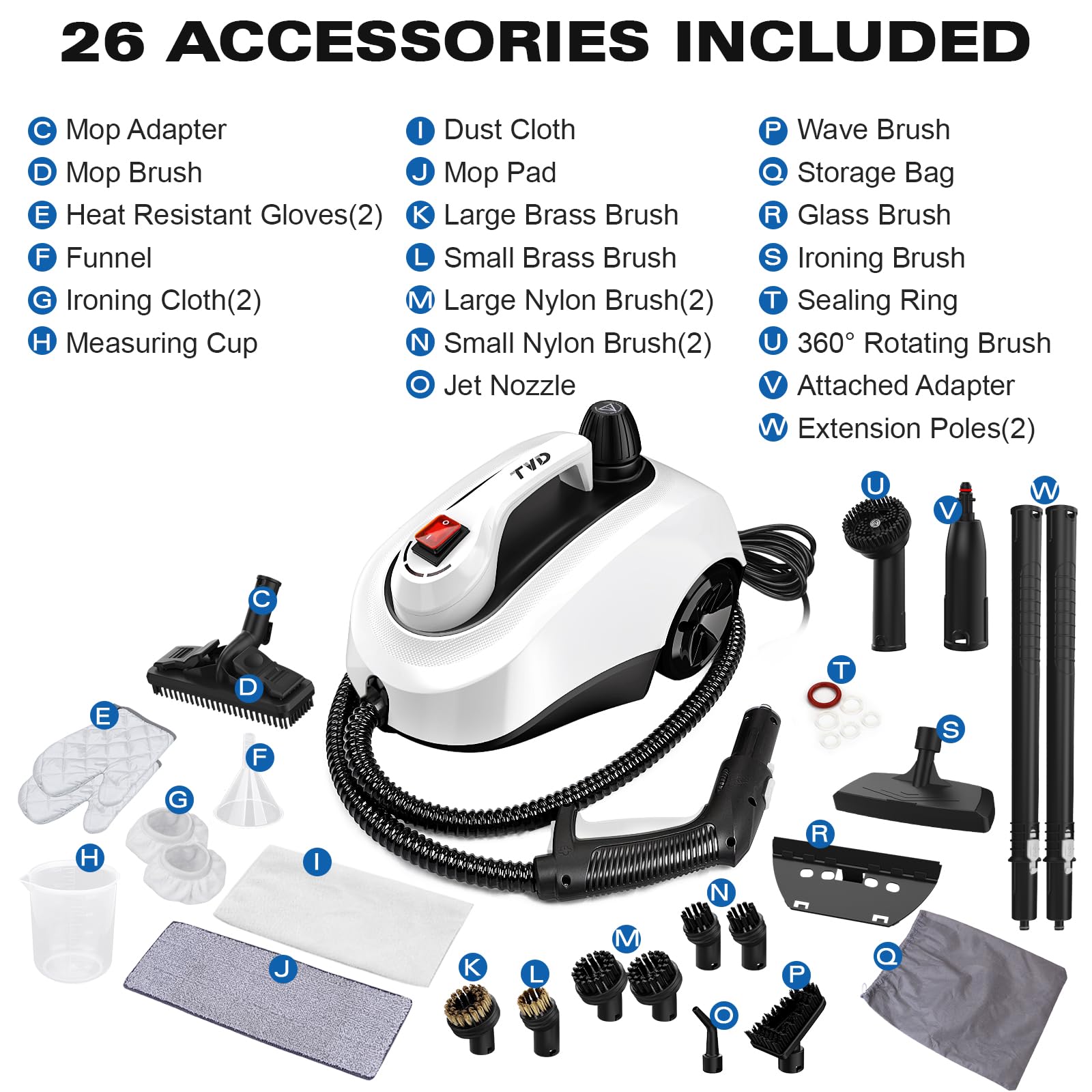TVD Heavy Duty Steam Cleaner with 26 Accessories - 5M Extra-Long Cord for Floors, Grout, Upholstery & Car Detailing | Perfect for Home Deep Cleaning, Tile & Carpet Sanitizing