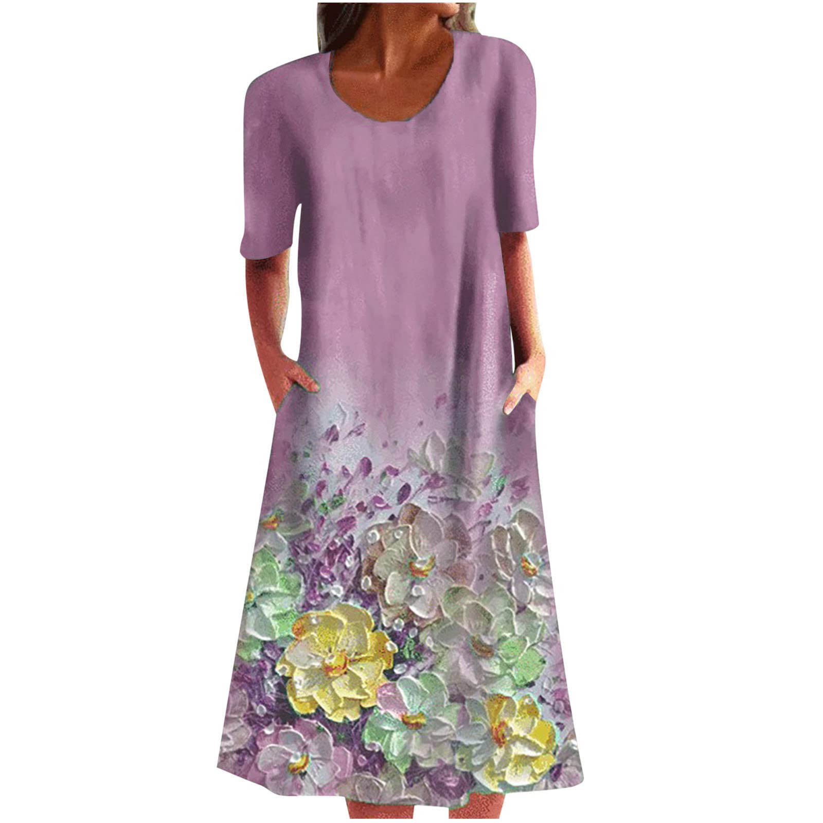 Jsarle Women's Summer Casual Floral Print Round Neck Short Sleeve Knee Length Loose Dress - Plus Size Wedding Guest Outfit for Beach, Party & Vacation