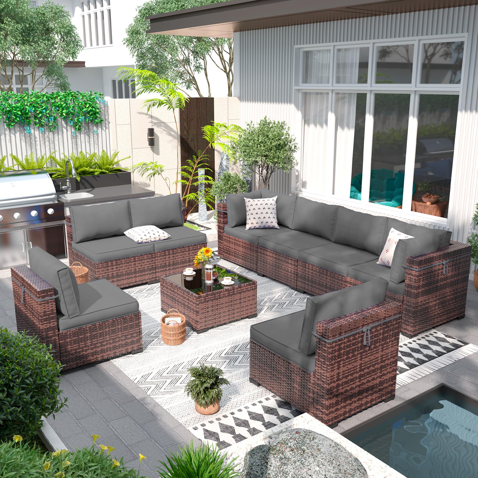 Amopatio 9-Piece All-Weather Outdoor Patio Furniture Set - Modern Wicker Sectional Sofa with Glass Coffee Table, Thick Gray Cushions & Waterproof Cover - Perfect for Backyard, Poolside & Garden Relaxation