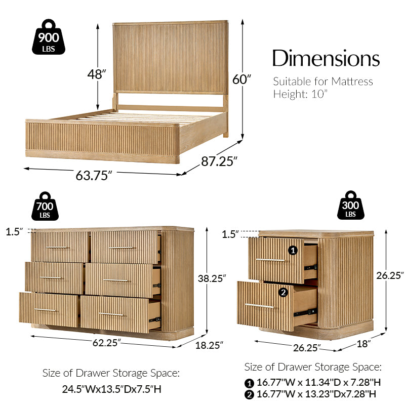 Modern Fluted Solid Wood Bedroom Set with Oak Texture - 4 Piece Bed Frame, Nightstand, Dresser & Mirror for Cozy Master Bedroom Decor