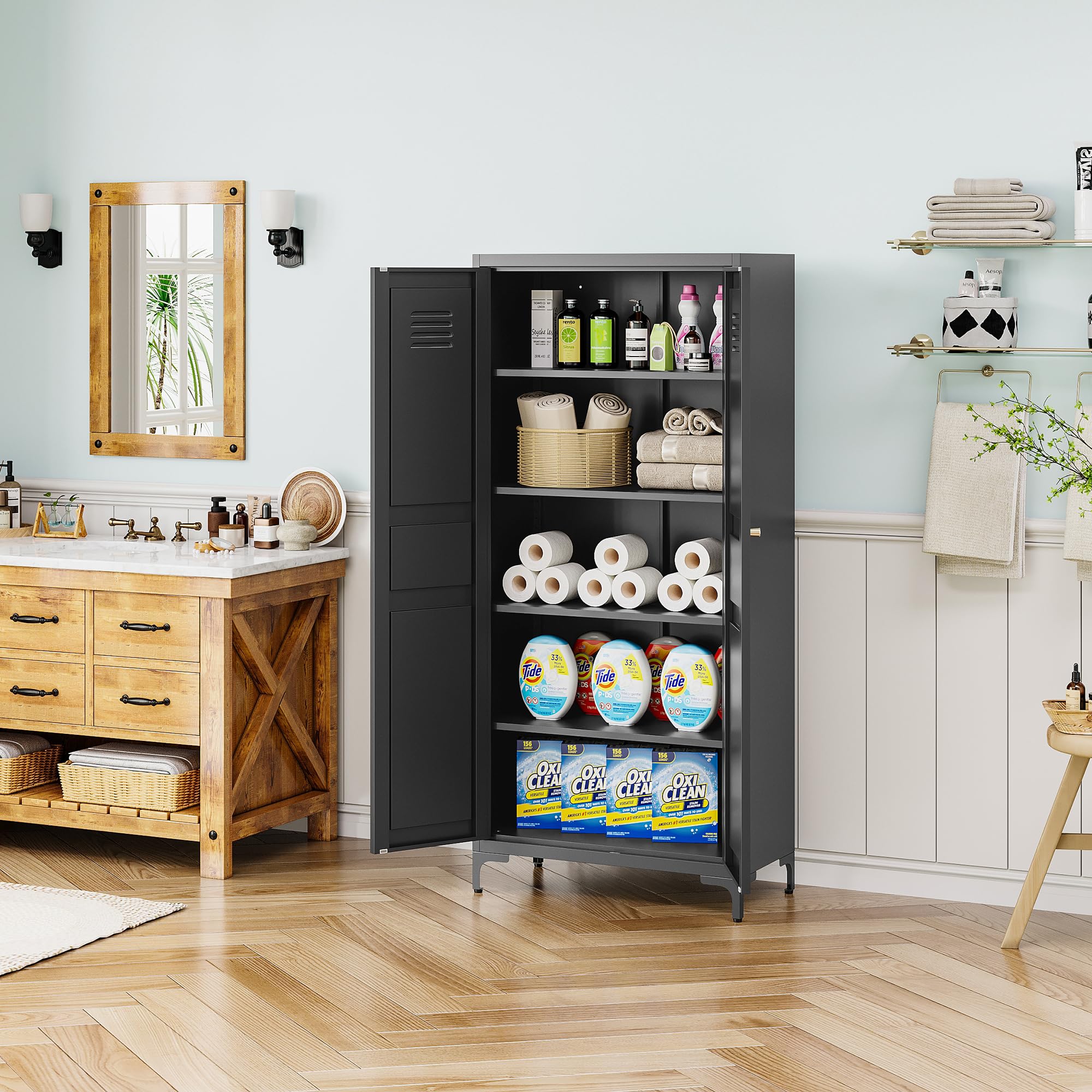 61 Inch Black Metal Kitchen Pantry Storage Cabinet with Adjustable Shelves & Feet - Organize Kitchen, Living Room, Dining Room & Bathroom - Perfect for Small Spaces & Home Organization